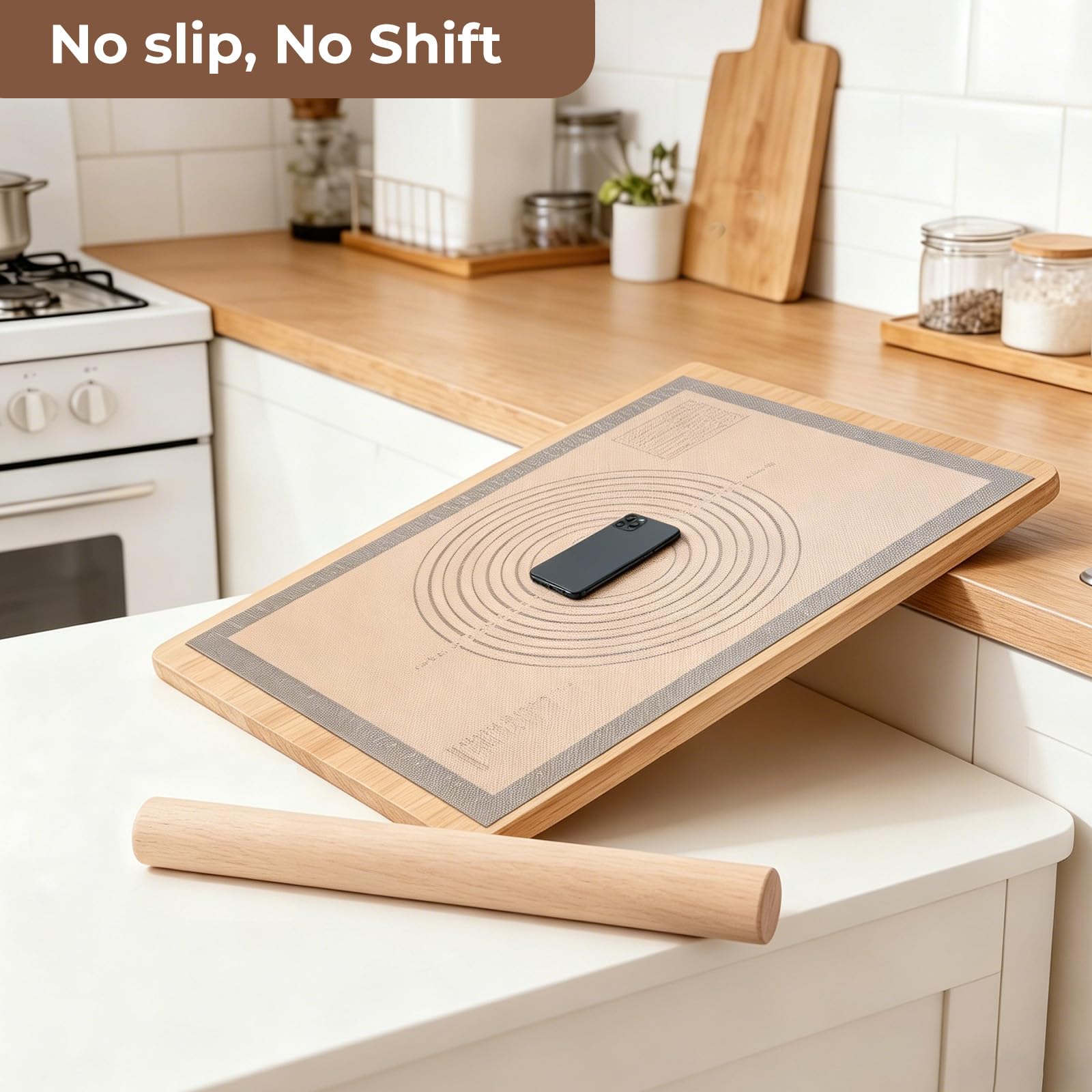 SUPER KITCHEN Mattarello in Legno Con 5 Dischi Regolabili Anello e Antiaderente Tappetino da Forno 60x40cm, Stuoia di Rolling della Pasticceria del Silicone, Spianatoia per Impastare (Grigio)