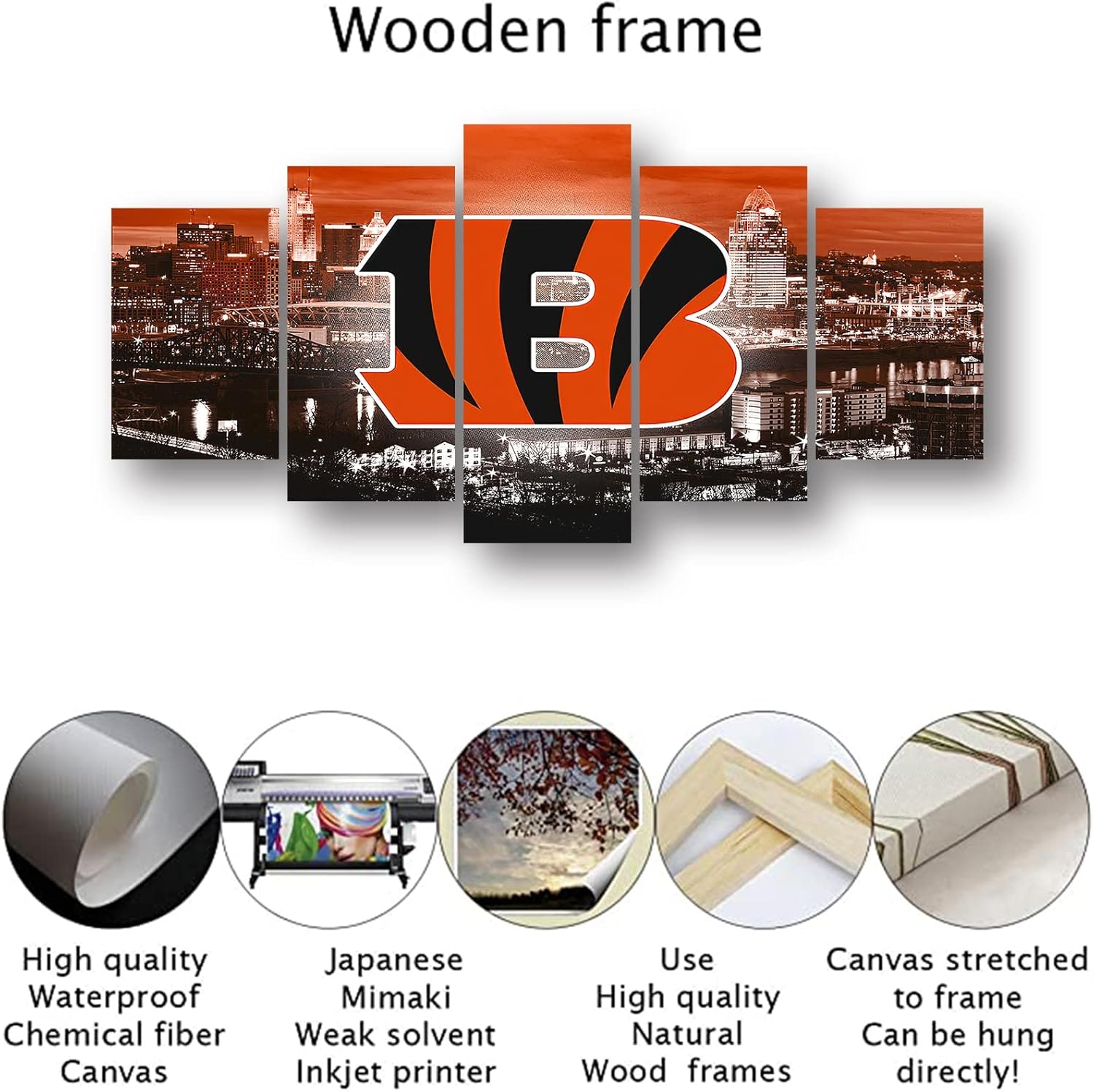Cincinnati City Bengals American Football Poster Sports Pattern Canvas Wall Art Print Artwork Home Decor Large Frame Painting Ready to Hang 5Pcs (Framed,20x30x2pcs+20x45x2pcs+20x60cmx1pcs) Black - Image 2