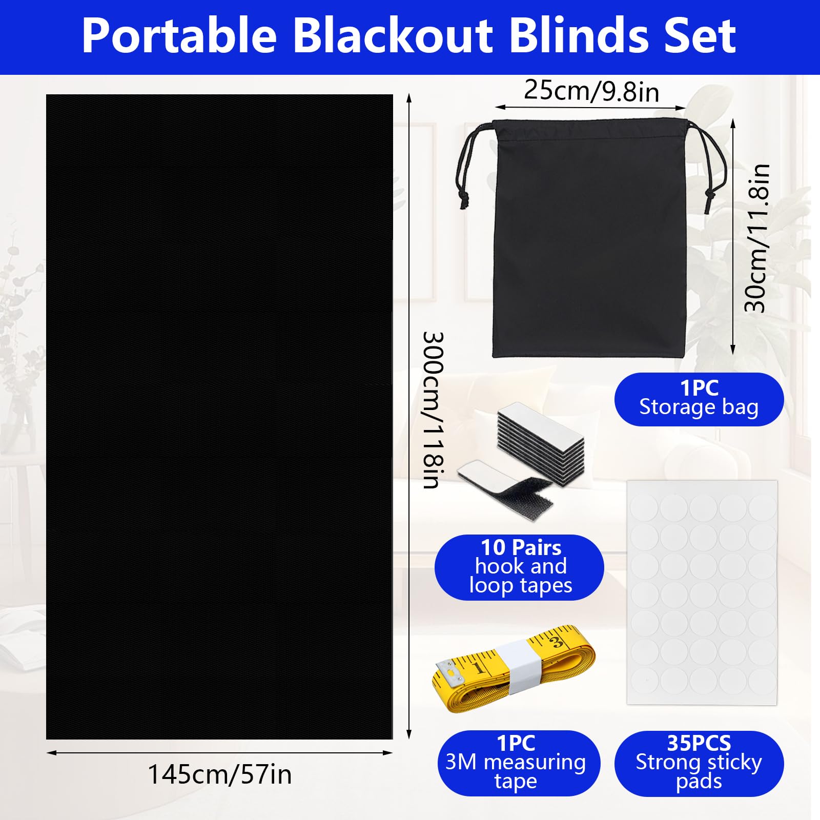 GOTRUST Portable Blackout Blinds, 300x145cm No Drill Temporary Black Out Blind Stick On Window, 100% Blackout Material - Image 2