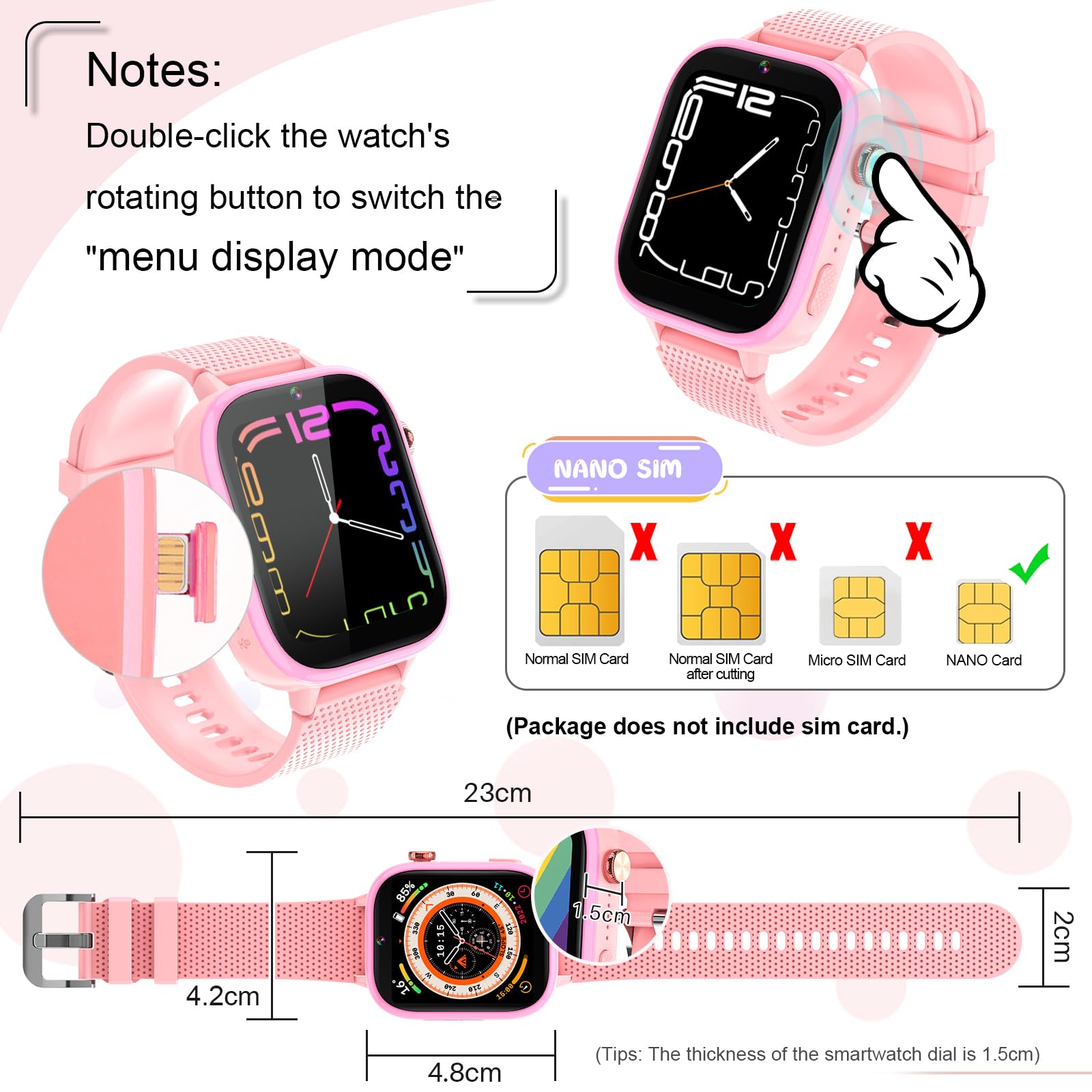 OKYUK 4G Kinder smartwatch, smartwatch Kinder mit GPS und Telefon,Armbanduhr Junge mädchen,mit Video Phone Call, Nachrichten, Schulmodus, SOS-Funktion, Kamera und Schrittzähler (Rosa)