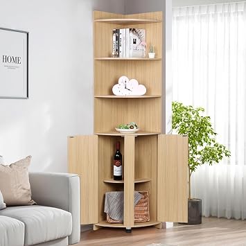 Tall Corner Cabinet, Farmhouse Storage Cabinet with Barn Door Design & Open Shelves, Corner Bookcase, Home Space Saver for Bathroom, Living Room Laundry Room Wooden Color
