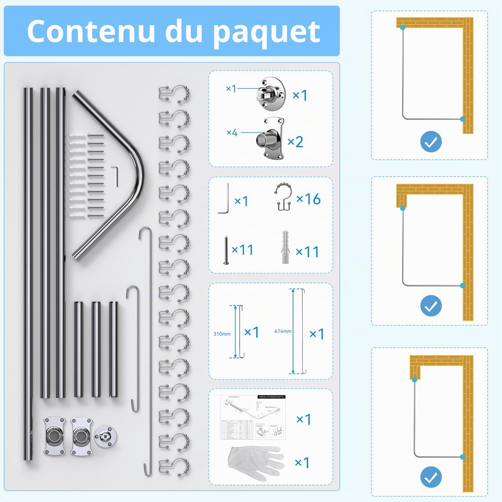 KULACO Barre de douche en forme de L, 100-120x100-190cm | barre de douche réglable en acier inoxydable SUS304, tringle pour rideau de douche de coin, avec 16 anneaux pour rideau