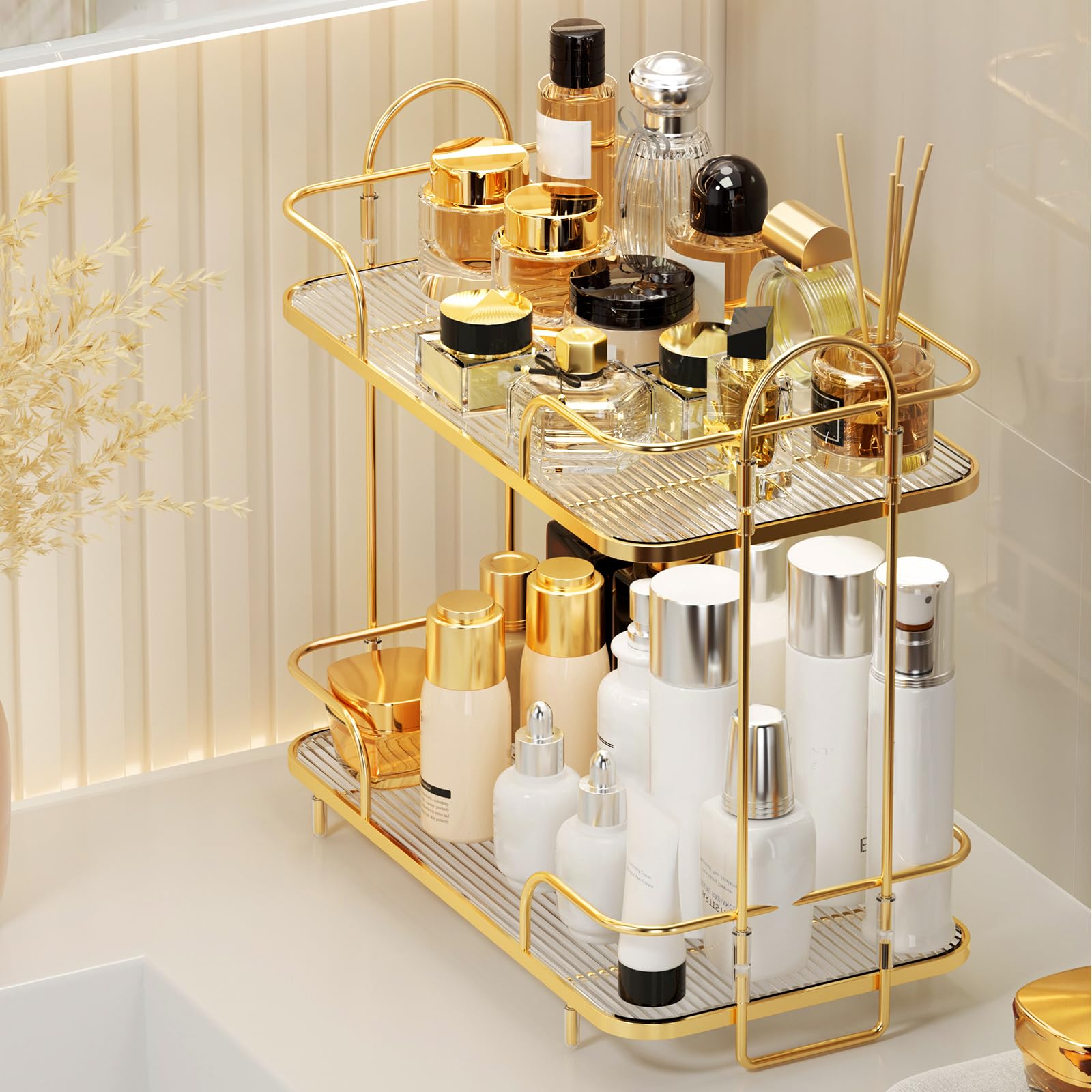 Seoneiro 2 Tier Corner Bathroom Counter Organizer, Cosmetic Skincare Organizer, — product photo
