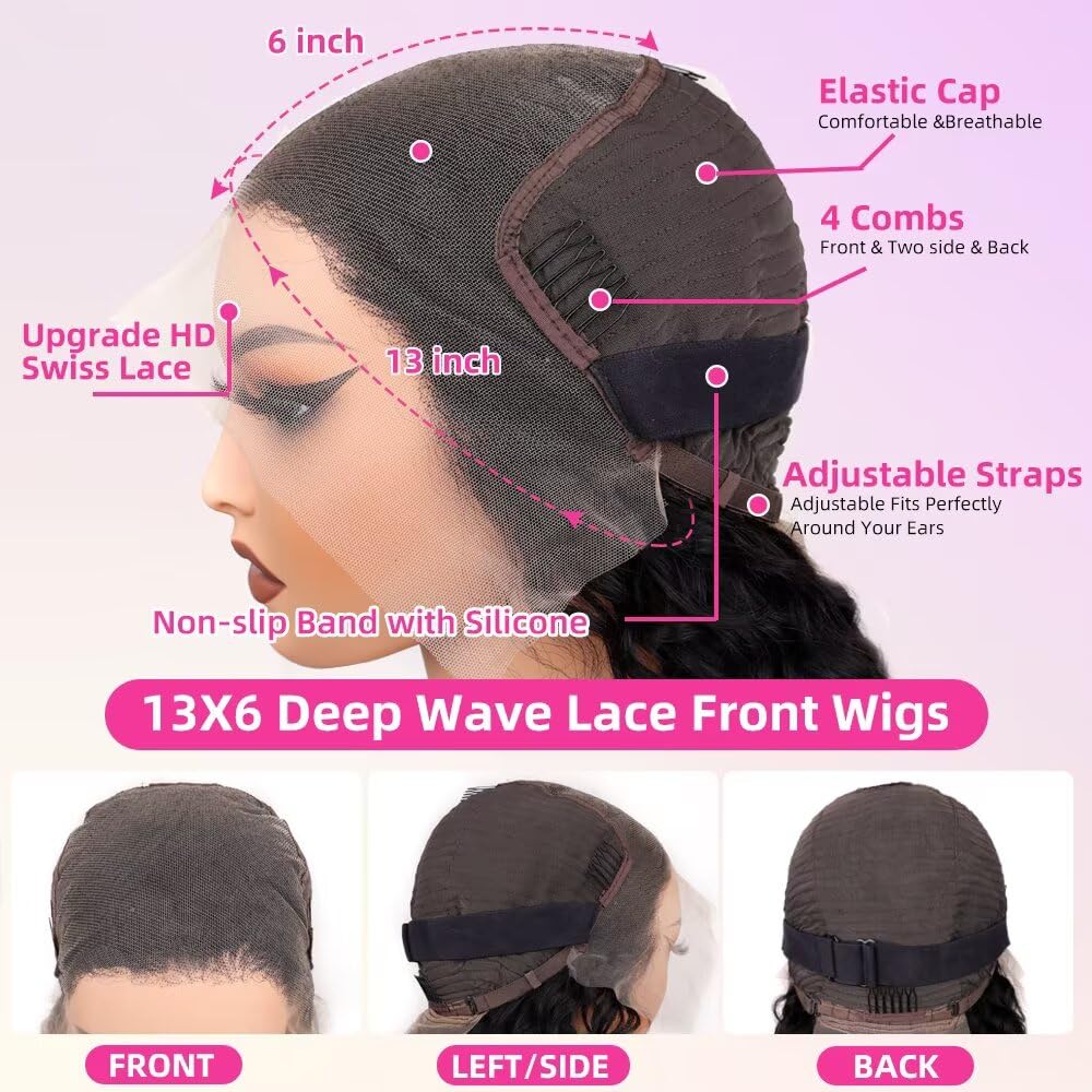 Hotsea 24 Inch 13x6 Deep Wave Lace Front Wigs Human Hair 200% Density Lace Front Wigs Human Hair for Women HD Transparent Lace Glueless Frontal Wigs Human Hair Pre Plucked Natural Color