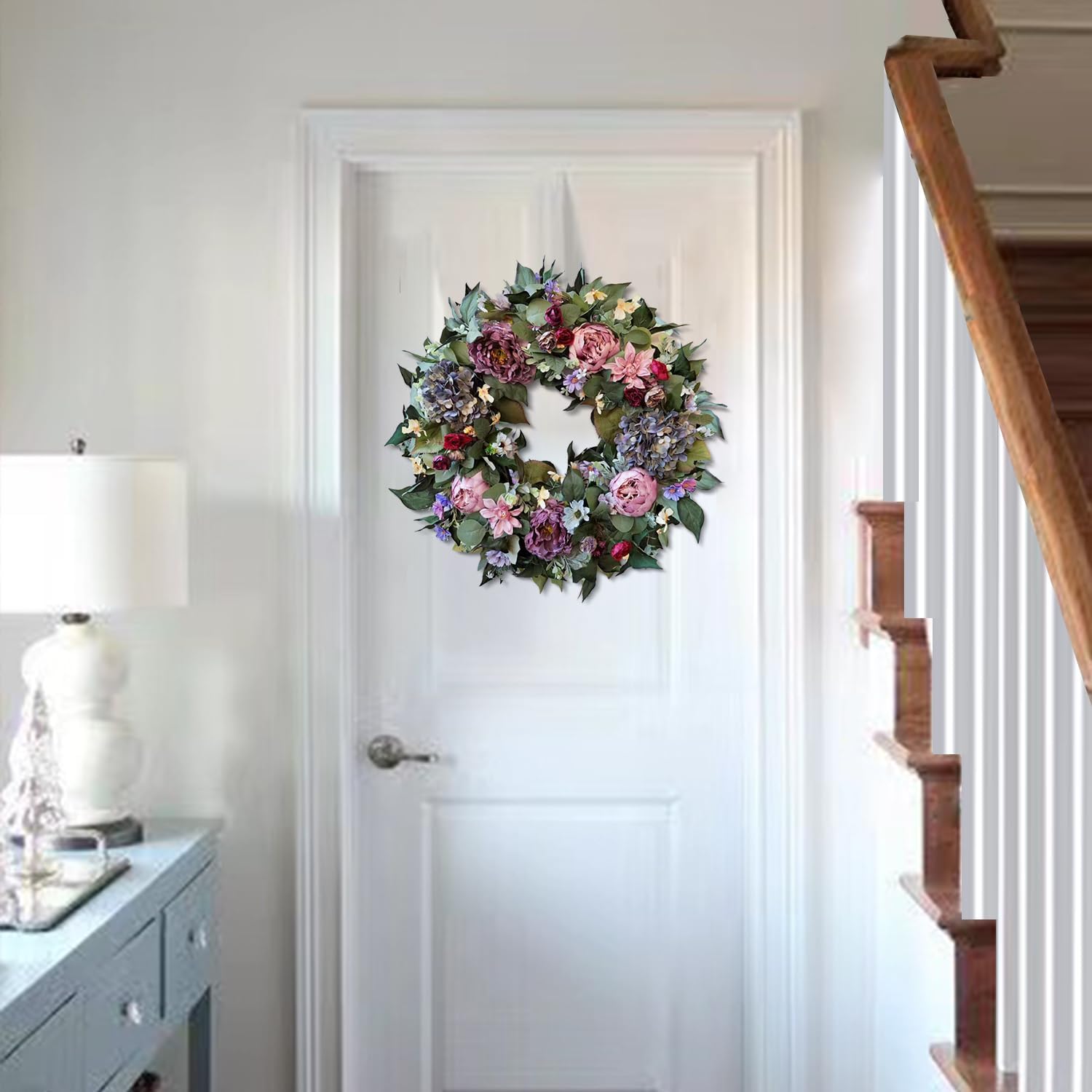 WANNA-CUL 24 Inch Spring Wreaths for Front Door Decor, Spring Front Door Wreath with Pink&Purple Peony Floral and Vintage Blue Hydrangea Flower for Wedding or Indoor&Outdoor Wreath Decoration