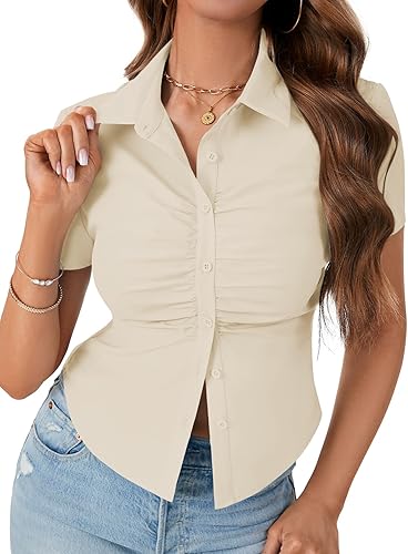 LYANER Blusa de trabajo de manga corta acanalada con cuello en V y botones para mujer