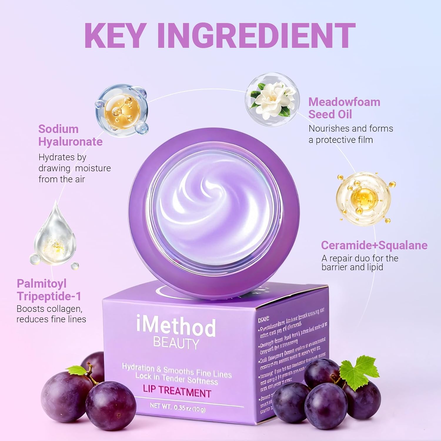 iMethod Lip Mask Overnight - Lip Sleeping Mask for Dry Lips, 8-Hour Hydrating Lip Balm with Hyaluronic Acid, Intense Moisturizing Lip Treatment to Nourish & Repair - Grape - Image 7