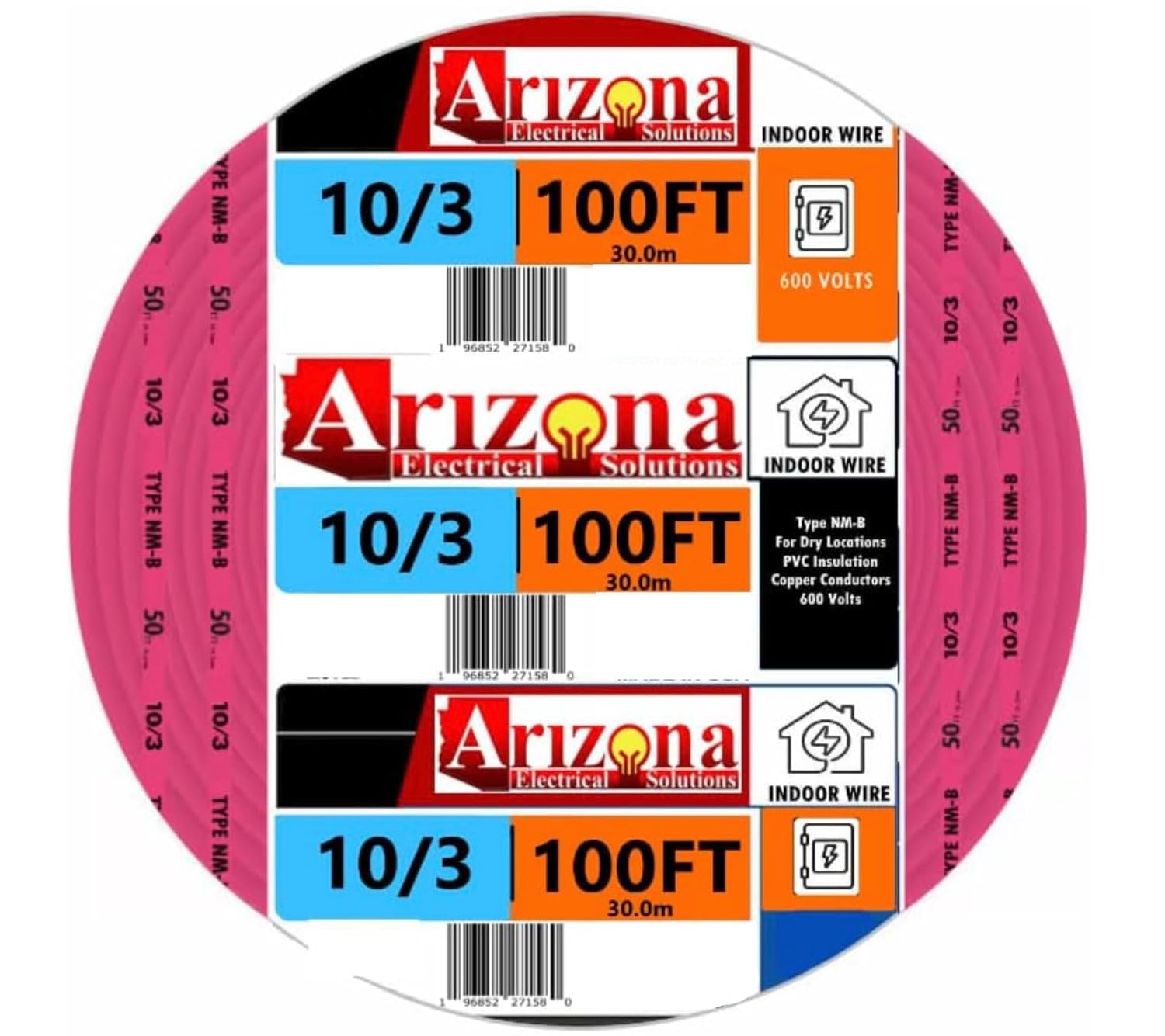 100 FEET 10/3 Type NM-B Copper. #10 AWG, 3 Conductors with Ground. Insulated Jacket Pink