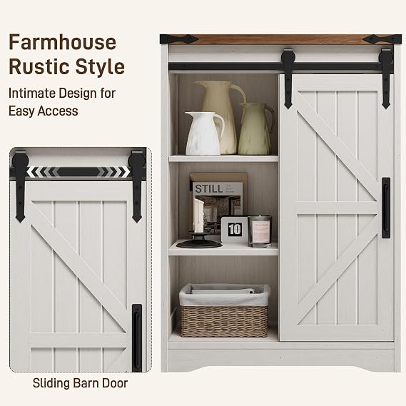 Halitaa Farmhouse Bathroom Floor Storage Cabinet with 4 Drawers, Bathroom Cabinet with Sliding Door, Rustic Storage Organizer for Kitchen, Living Room, Rustic Style, White