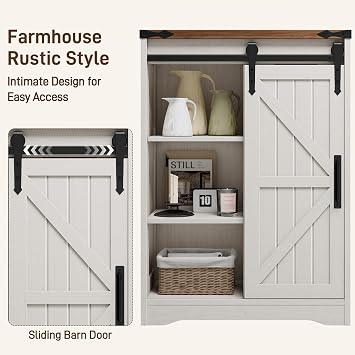 Halitaa Farmhouse Bathroom Floor Storage Cabinet with 4 Drawers, Bathroom Cabinet with Sliding Door, Rustic Storage Organizer for Kitchen, Living Room, Rustic Style, White