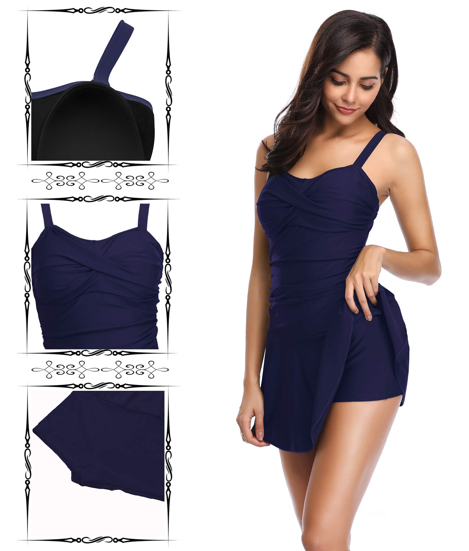SHEKINI Damen Retro Einteiliger Badeanzug Badeanzugkleid Elegant Badekleid Ruched Bauchweg Verstellbar Schwimmrock Grosse Grösse Schwimmkleid