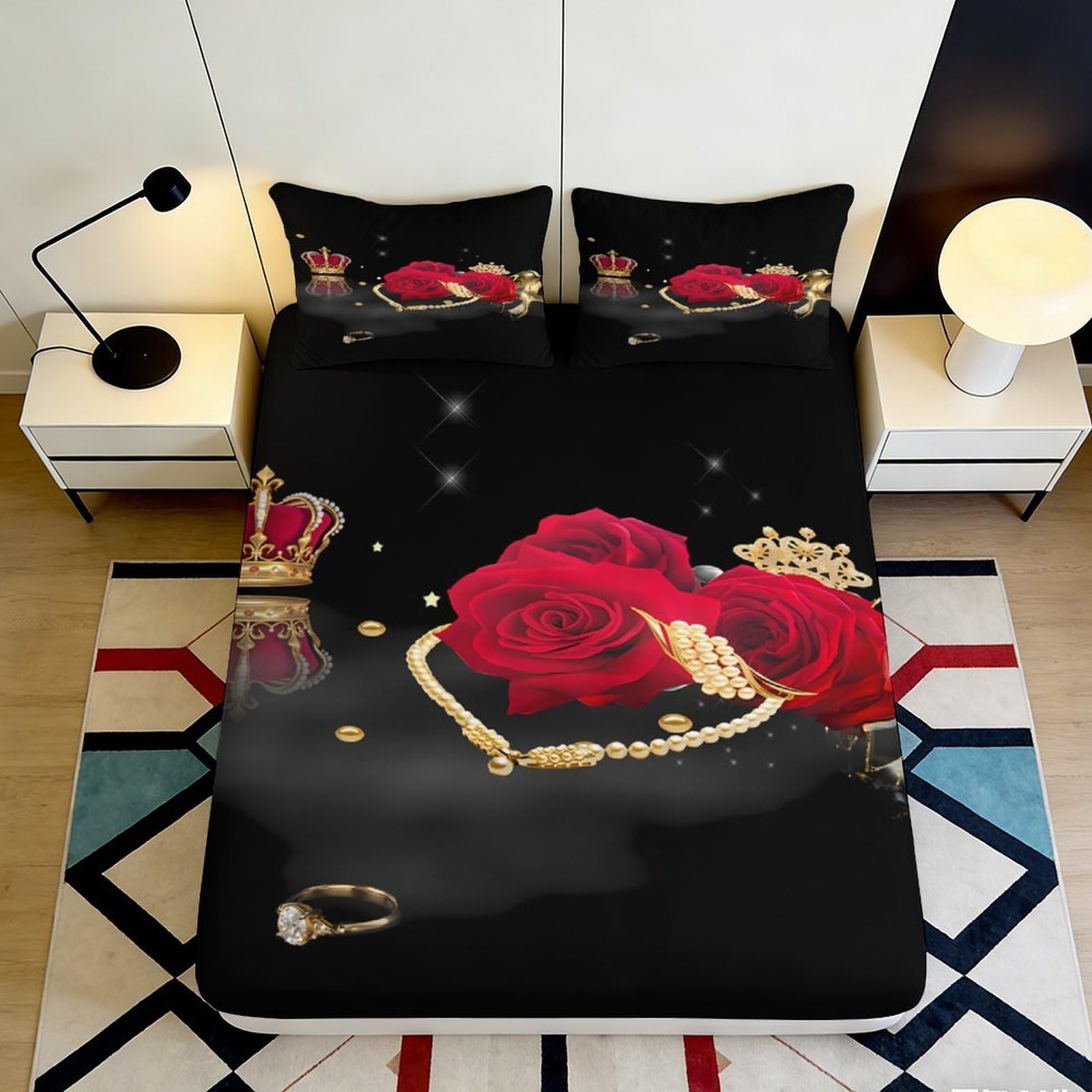 Kzqnxhjprl Style-3 3D Printed Red Rose Crown Fitted Sheet Microfiber Soft Black Bed Sheet For Bedroom Guest Room Decor Protection 90X200x25cm