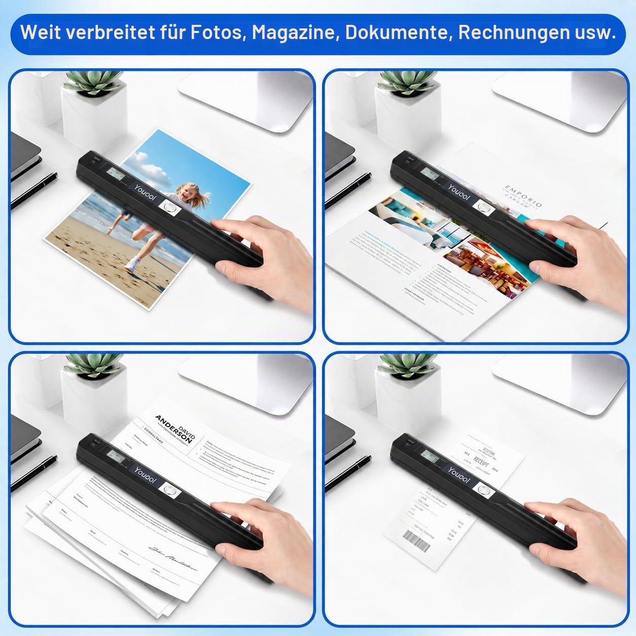 Handscanner Dokumentenscanner, A4 900 DPI Hohe Auflösung Farbfoto Portable Scanner, JPG/PDF Format USB 2.0 Mobiler Scanner Tragbarer Dokumentenscanner für Dokumente Quittungen Fotos (Schwarz) | Hohe Auflösung Portable Scanner USB 2.0 Mobiler Scanner Tragb