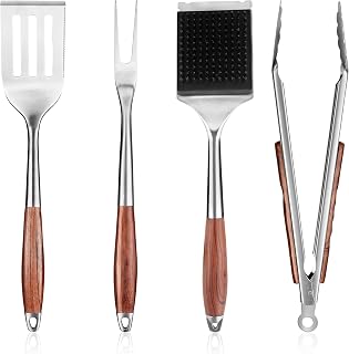 FJNATINH Rosewood BBQ Grilling Tools Set - Heavy-Duty Stainless Steel Spatula, Fork, Brush & Tongs for Outdoor Barbecue