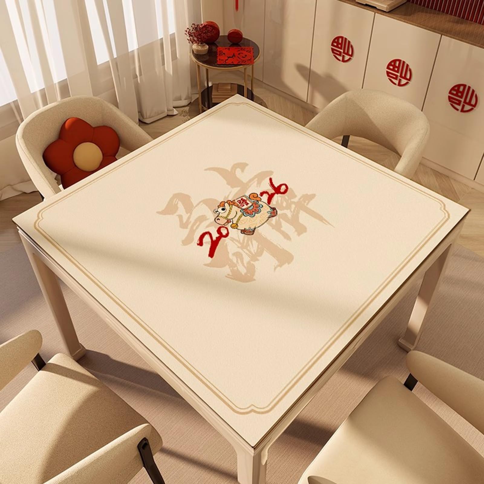 Tapis de Table de mah-Jong, Rouge Silencieux et réduction du Bruit avec Sac de Transport(140cm/55.11in)