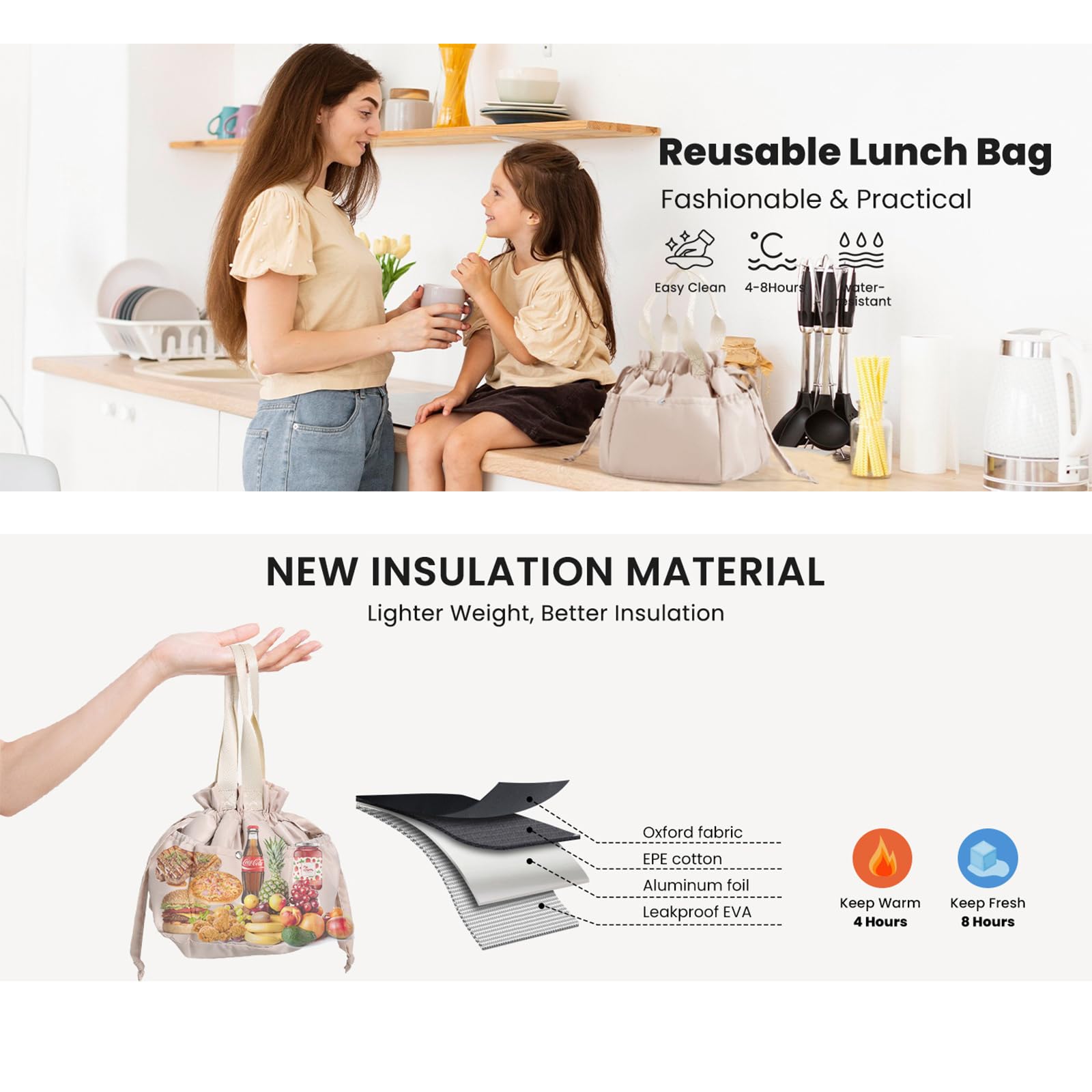 Sac Isotherme Repas Cordon Sacoche Glacière 10L Femme Imperméable Nylon Rangement Repas Multi Poche Sac Repas Bureau Voyage Picnic Trajet Maintien au Chaud Lunch