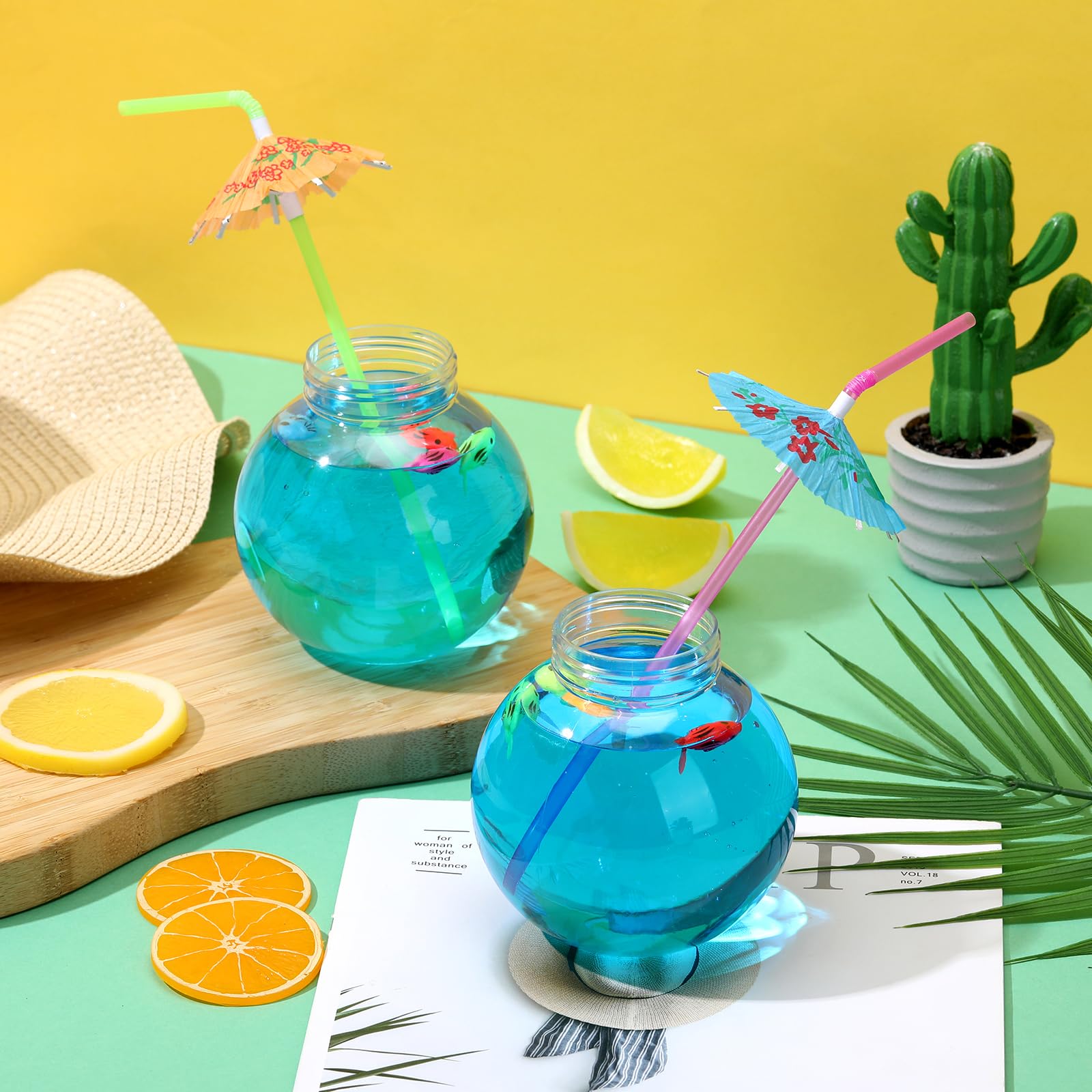 SiliFine 6 Pcs 16 oz Plastic Fish Bowl for Drinks 24 Pcs Fake Fish Cups Clear Spherical Bulb Cups with Umbrella Drinking Straws Spherical Drinking Party Summer Carnival Party Supplies Table