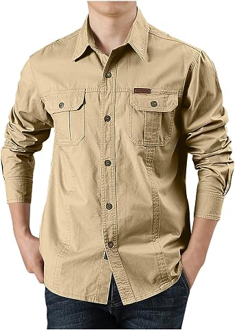 Mens Shirts Cargo Tops Big and Tall Man Long Sleeve Tactical Work Shirts Cotton Twill Shirts Button Down Chest Pocket