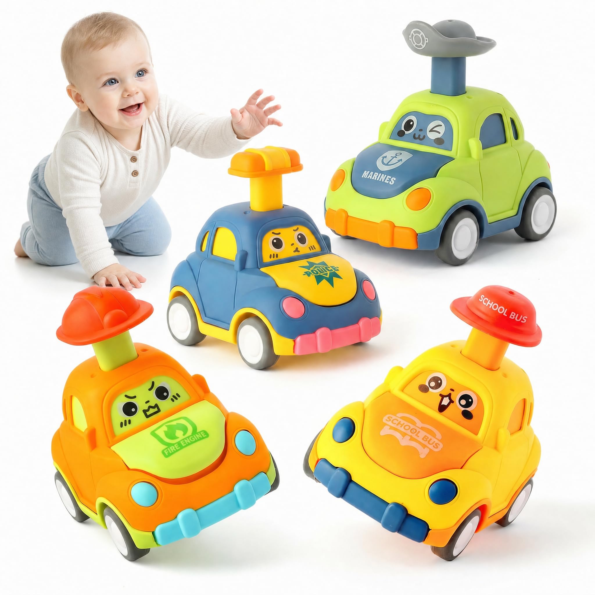 HopBunny Baby Toy Cars，4 Pack Press & Go Toy Cars for Toddlers, Interactive Educational Play Set Toys for 1+ Year Old Boys, Toddler Toys Gifts for 1 year old Boys Girls