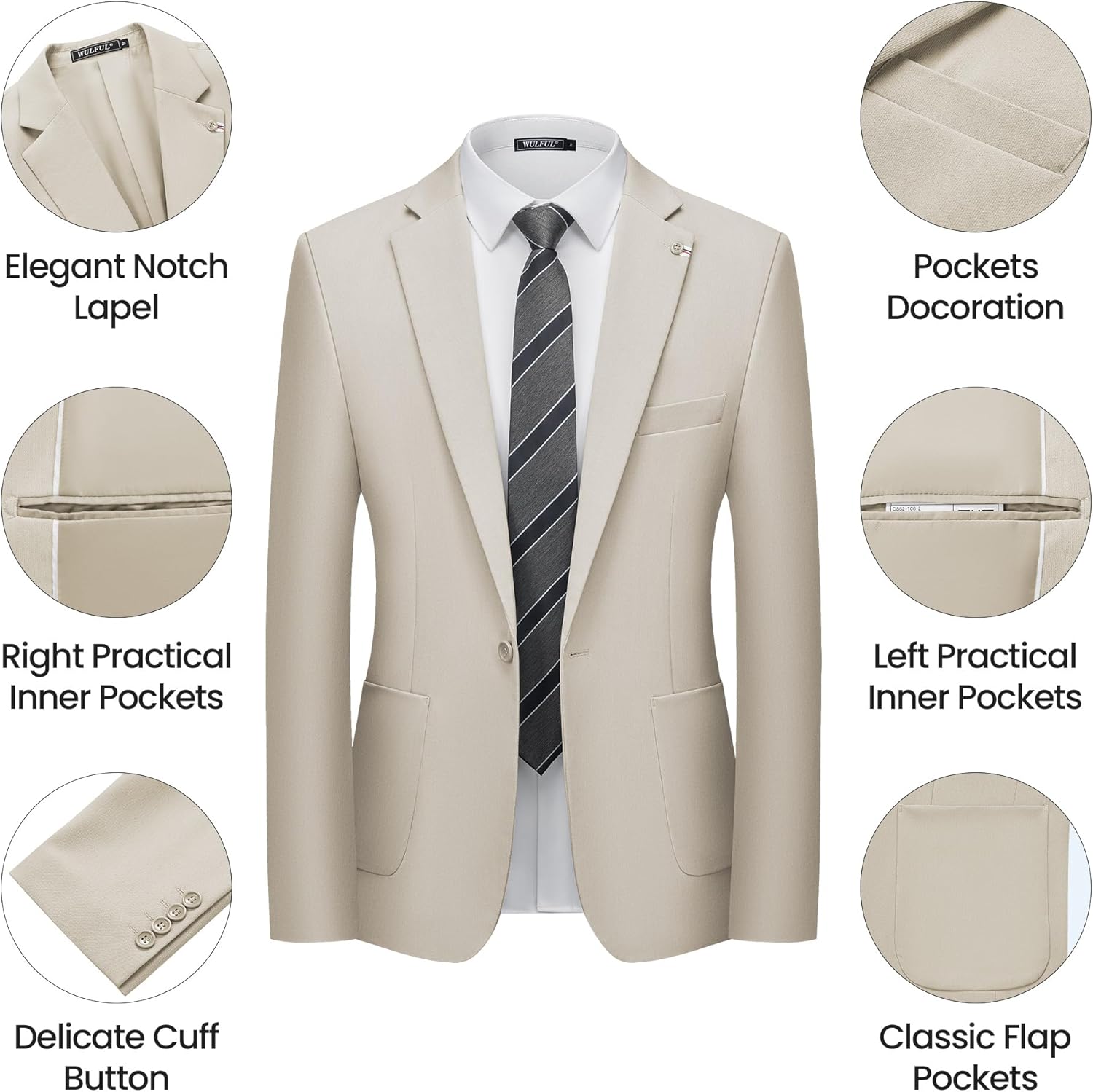 WULFUL Men's 2 Piece Slim Fit Suit Set One Button Blazer Jacket Pants Set - Image 2
