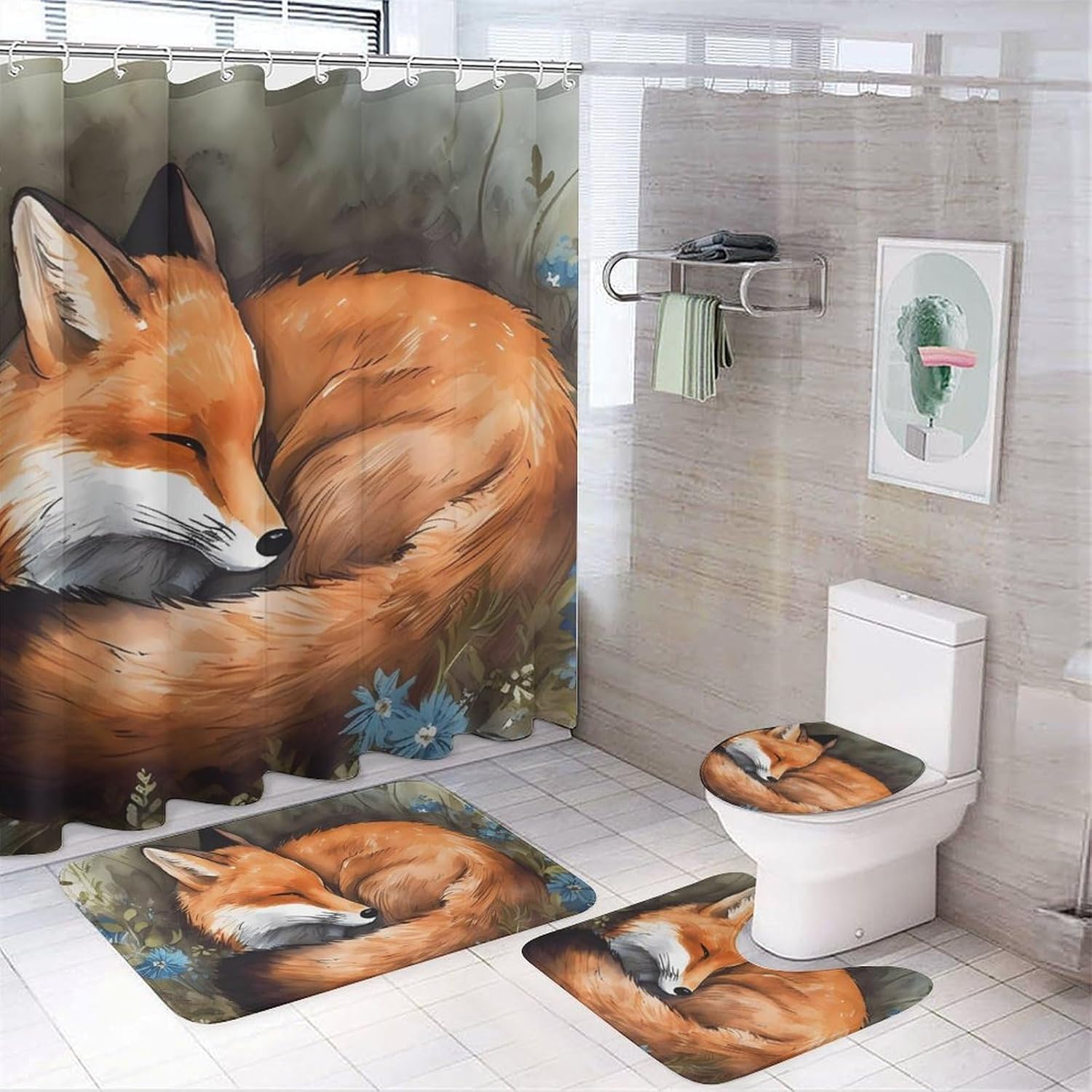 A Sleeping Fox Shower Curtain Set 4 Piece, Non-Slip Bath Mat with Toilet Lid Cover and Waterproof Shower Curtain with 12 Hooks, Complete Bathroom Set for Home Decor