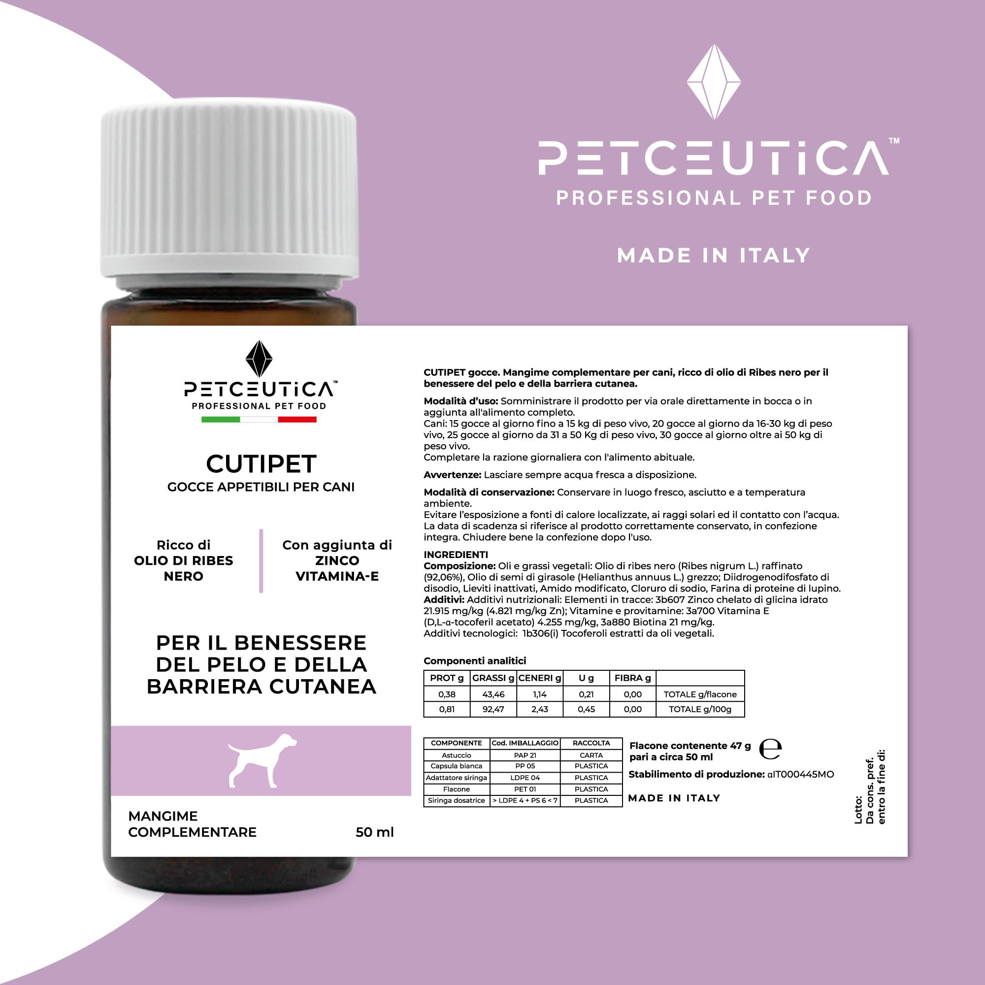 PETCEUTICA CUTIPET Integratore per Pelo Cane 50 ml, Olio di Ribes Nero, Zinco, Biotina, Gocce, Bianco, Made in Italy, con Siringa Dosatrice