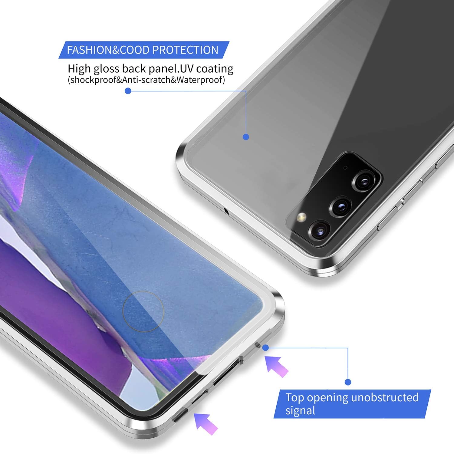 Samsung Note 20,ZHIKE Magnetic Adsorption Case Front and Back Tempered Glass Full Screen Coverage One-Piece Design Flip Privacy Cover for Samsung Note 20(Silver)