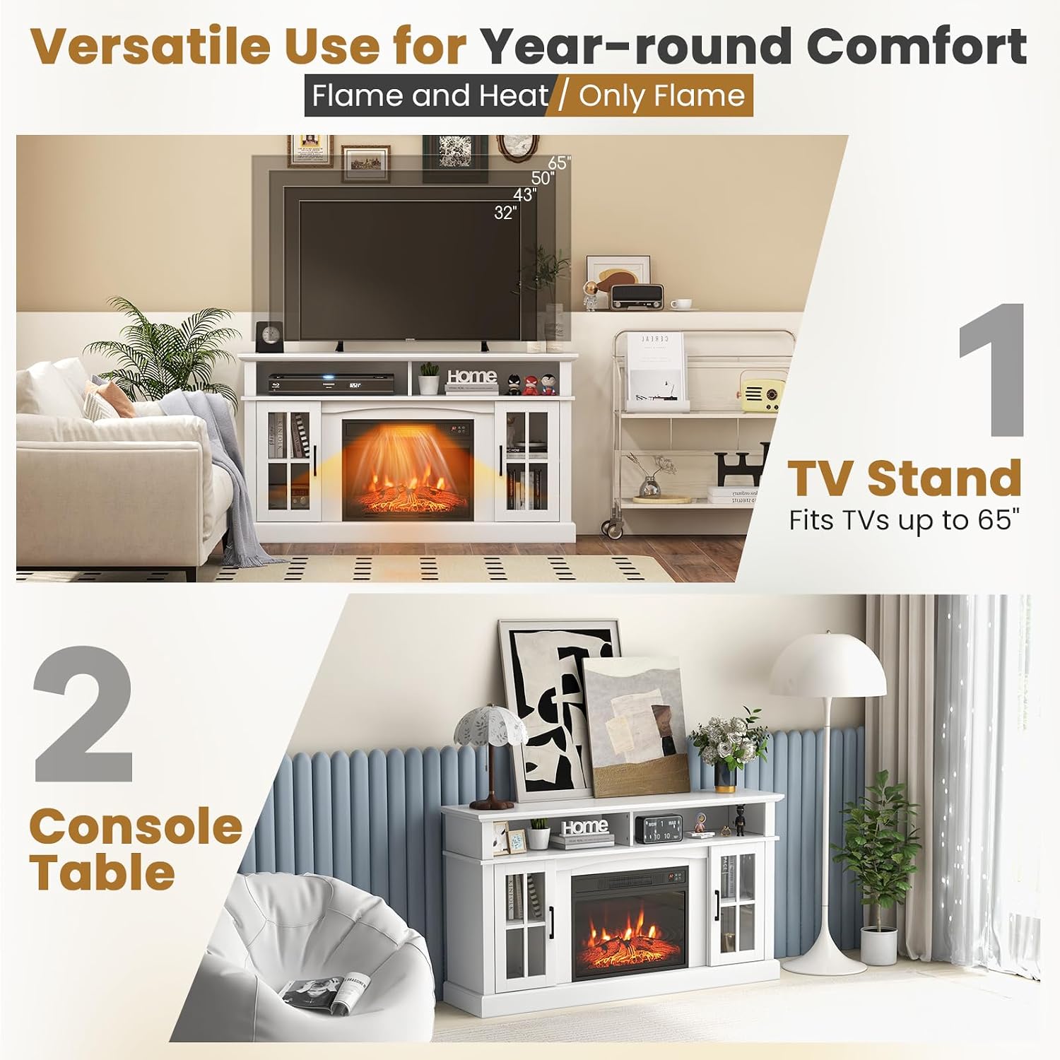 KOTEK Fireplace TV Stand for TVs up to 65", Entertainment Center with Fireplace, Adjustable Shelves, Overheat Protection, Remote Control & Timer, Electric Fireplace Console for Living Room (White)