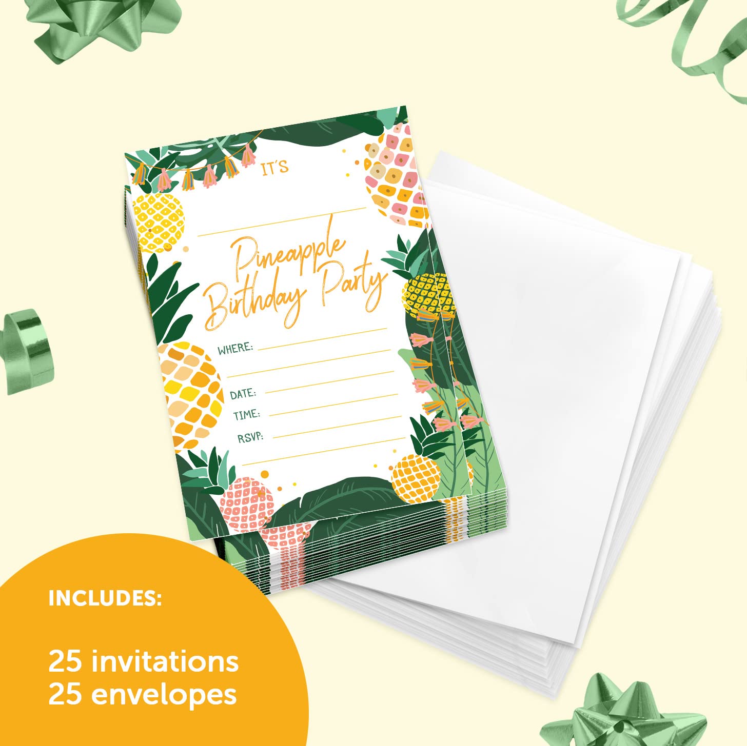 Desert Cactus Pineapple Happy Birthday Invitations Invite Cards (25 Count) With Envelopes Boys Girls Kids Party (25ct)