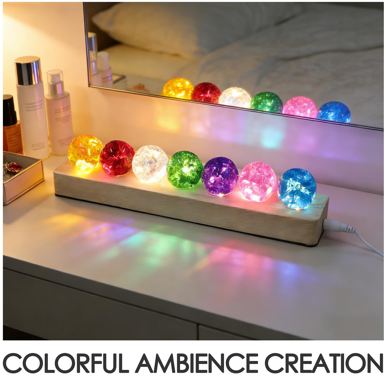 Amosfun Sfera di Vetro Luminosa Colorata con Base LED in Legno, Rosso