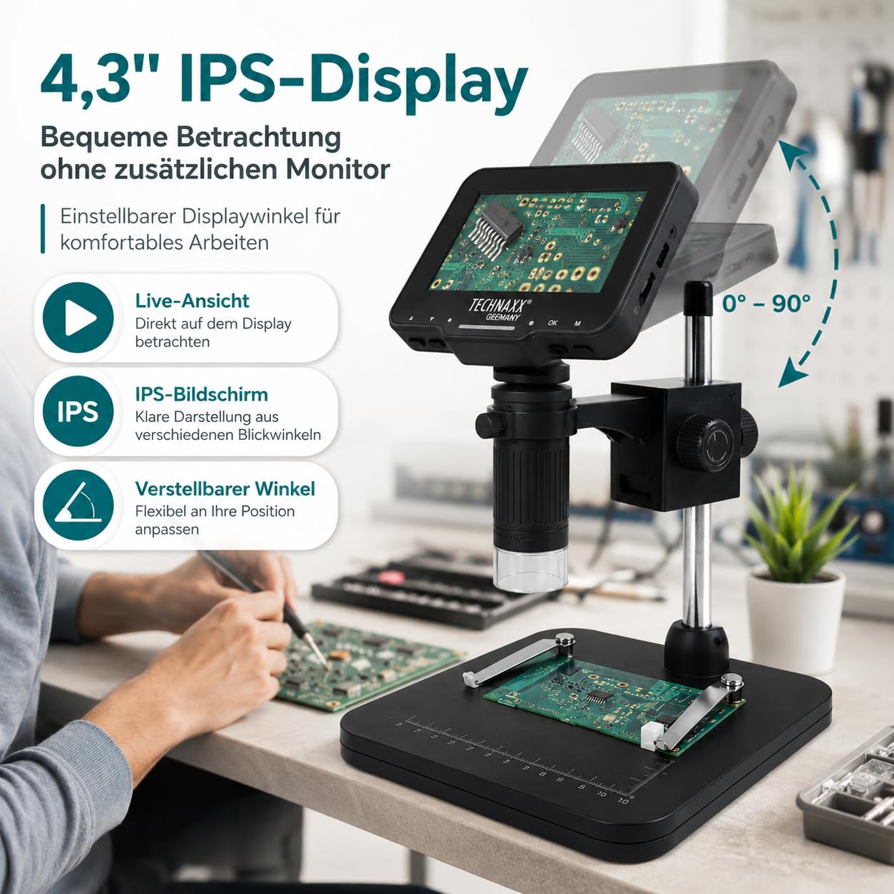 Technaxx Mikroskop Digital mit 50x Vergrößerung, 4,3 Zoll IPS Display, 8 LED Beleuchtung, Foto&Video Aufnahme, USB PC Verbindung, Tragbares Digitalmikroskop für Münzen, Elektronik & Pflanzen – TX-277