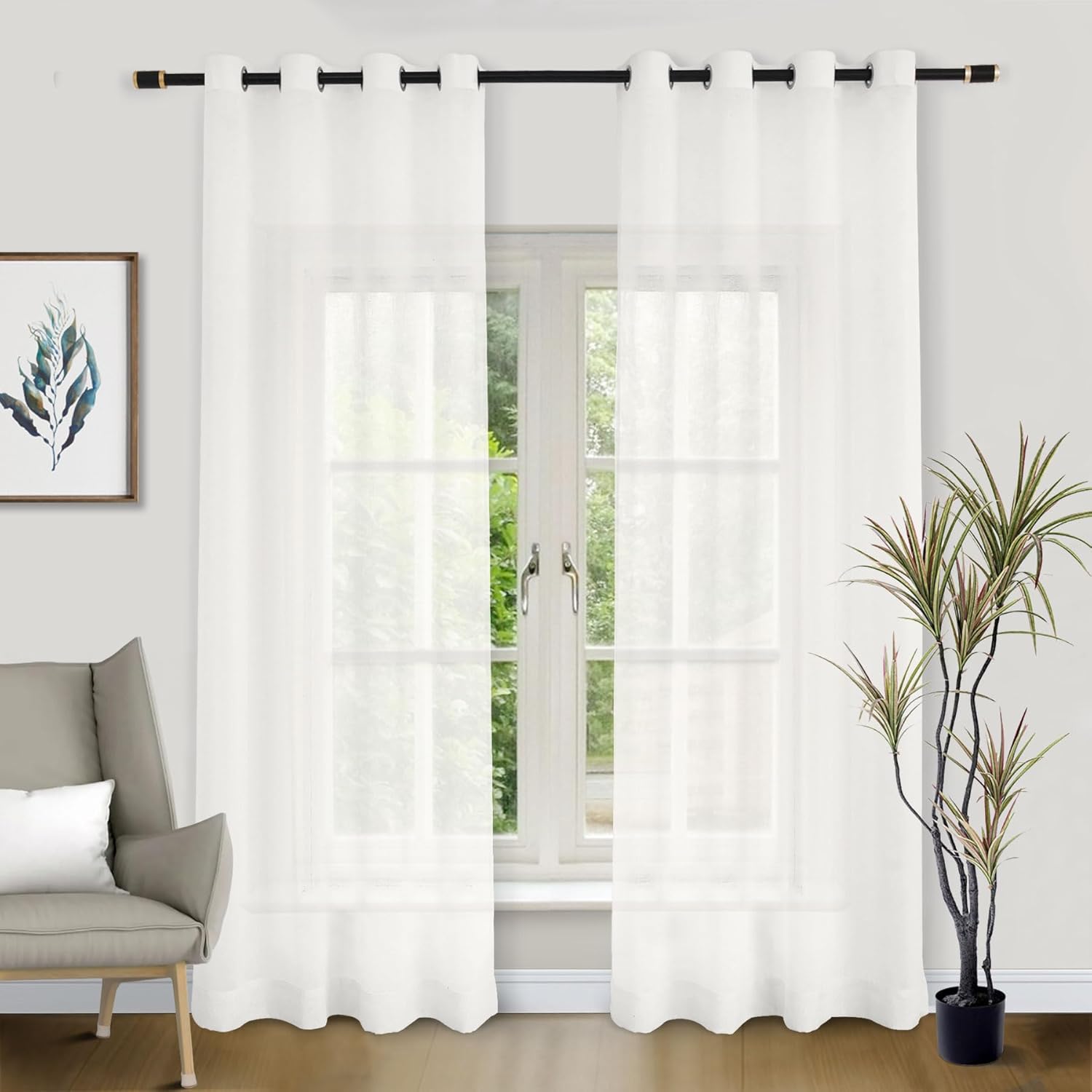 Macochico Sheer White Curtains 52”Wx84”L Natural Linen Texture Window Panels Semi Sheer Curtains for Living Room Bedroom Hotel Nursery Modern and Casual Voile Grommet Drapes with Tieback 1 Panel