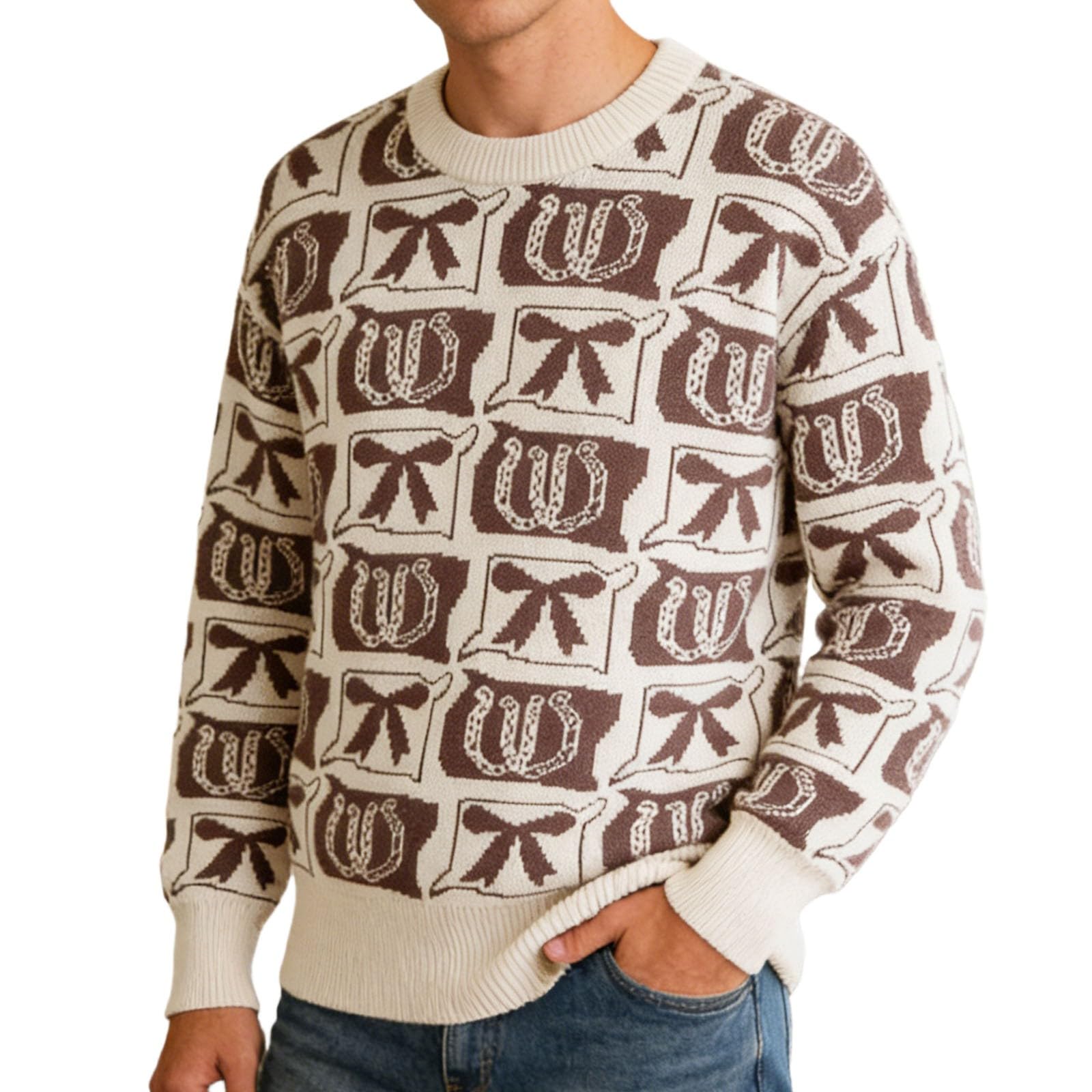 Generisch Jacke Beige Damen Modischer Strickmantel mit langen Ärmeln, bedrucktem Muster, lässiger, warmer Strickpullover für Outdoor-Aktivitäten im Herbst und Winter