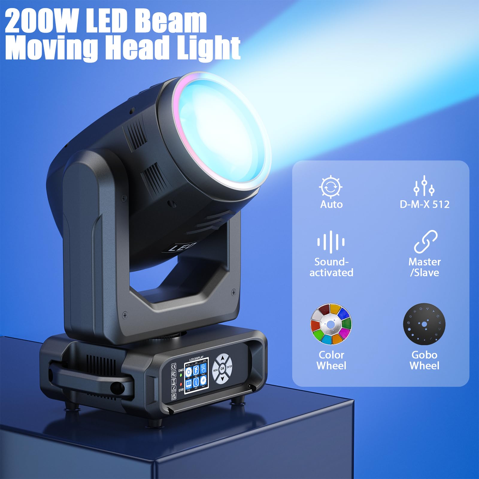 200W LED Beam Moving Head Licht, Elektronischer Zoom 18 Prismen 11+1 Farben und 14+1 Muster RGB LED Zerstäubungseffekt d-mx512 (16CH) für Bühne Hochzeit DJ Weihnachten Party