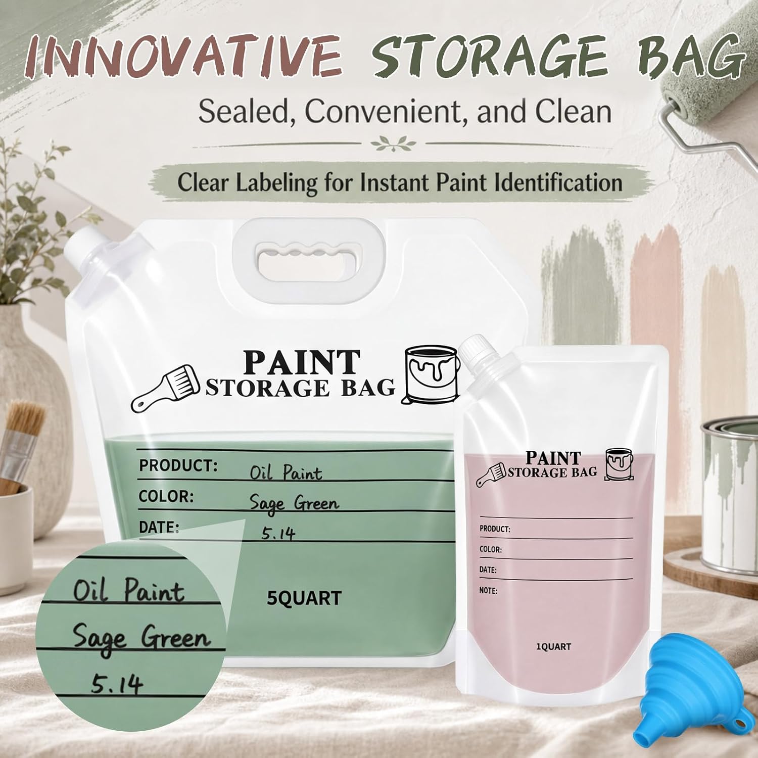 16 Pack Paint Storage Bags, Airtight Reusable Paint Storage Pouches with Silicone Funnel, Refillable Clear Leakproof Container for Leftover Painting DIY and Professional (1 Quart+5 Quart,Mixed)