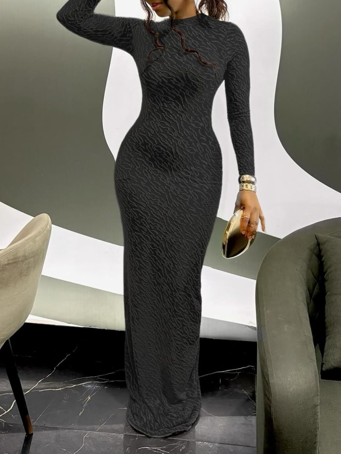 Uni Clau Long Sleeve Bodycon Maxi Dress for Women Elegant Crew Neck Textured Slim Fit Fall Party Dresses - Image 4