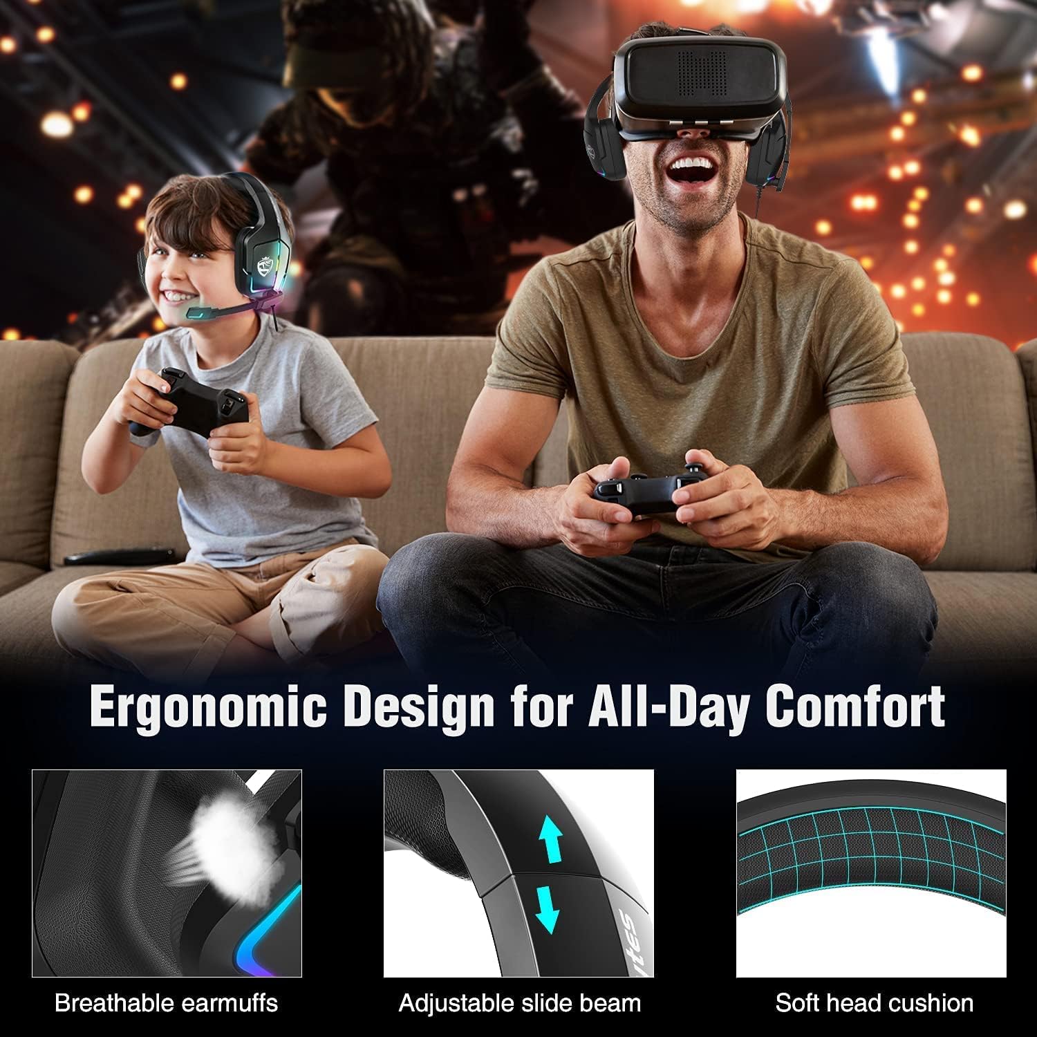 Soulbytes PS4 Gaming Headset for Xbox One PS5 Switch PC Headphone with Microphone Dynamic RGB LED Effect Gamer Headsets for Computer Laptop 3.5mm Wired Stereo Bass Over Ear with Mic