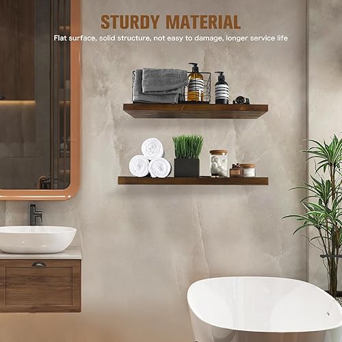 Miniatura 6 de Estantes flotantes montados en la pared, estante de pared de madera natural para baño, dormitorio, cocina, sala de estar, 24 pulgadas de largo x 6.7