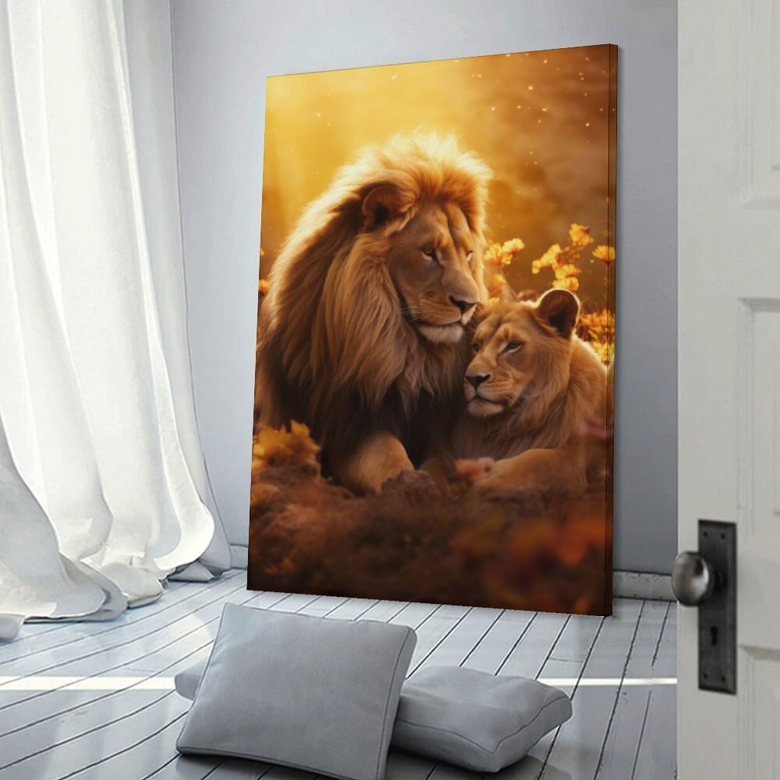 Junmoney Golden Lion Couple Canvas Wall Picture, 24x36inch(60x90cm), for Wall Displays, Bedrooms Or Room Updates, Wall Decor Suited to Curated Displays