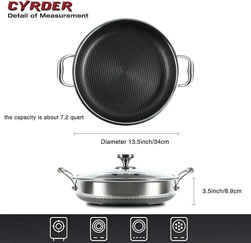 Miniatura 3 de Sartén híbrida grande antiadherente de acero inoxidable 316L de 13 pulgadas, soporte de dos asas, libre de PFOA, apto para horno y lavavajillas,