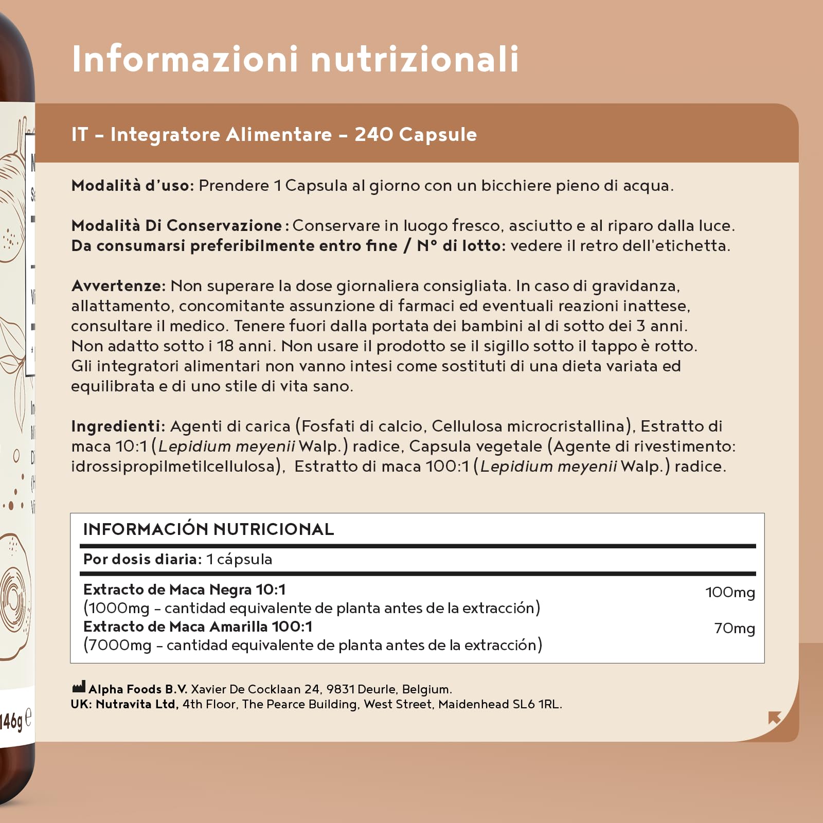 Maca Peruviana Nera Extra Forte | 8000mg per Capsula di Estratto di Maca Gialla + Black/Nera | Equilibrio Ormonale | 240 Capsule Vegane Alto Dosaggio | Alpha Foods