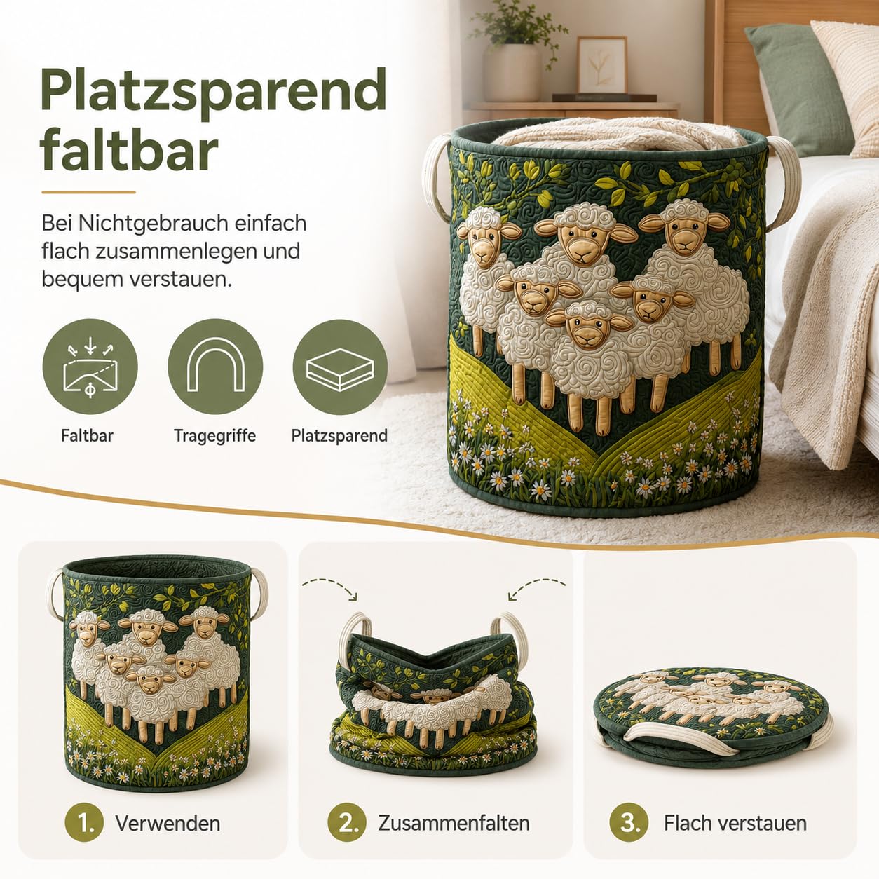 Wäschekorb Schäfchenwelt, Boho Stoff-Aufbewahrungskörbe, Soft Fabric Storage Basket für Schlafzimmer, Badezimmer, Kinderzimmer (B,L)