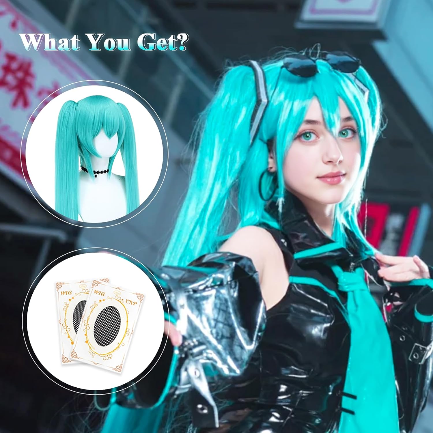 Cute Halloween Green Cosplay Wig, 2 Hair Caps+ Wig, Long Greenish False Hair with 2 Ponytails for Women, Long Straight Wigs with Bangs for Event for Women and Teen Girls - Image 7