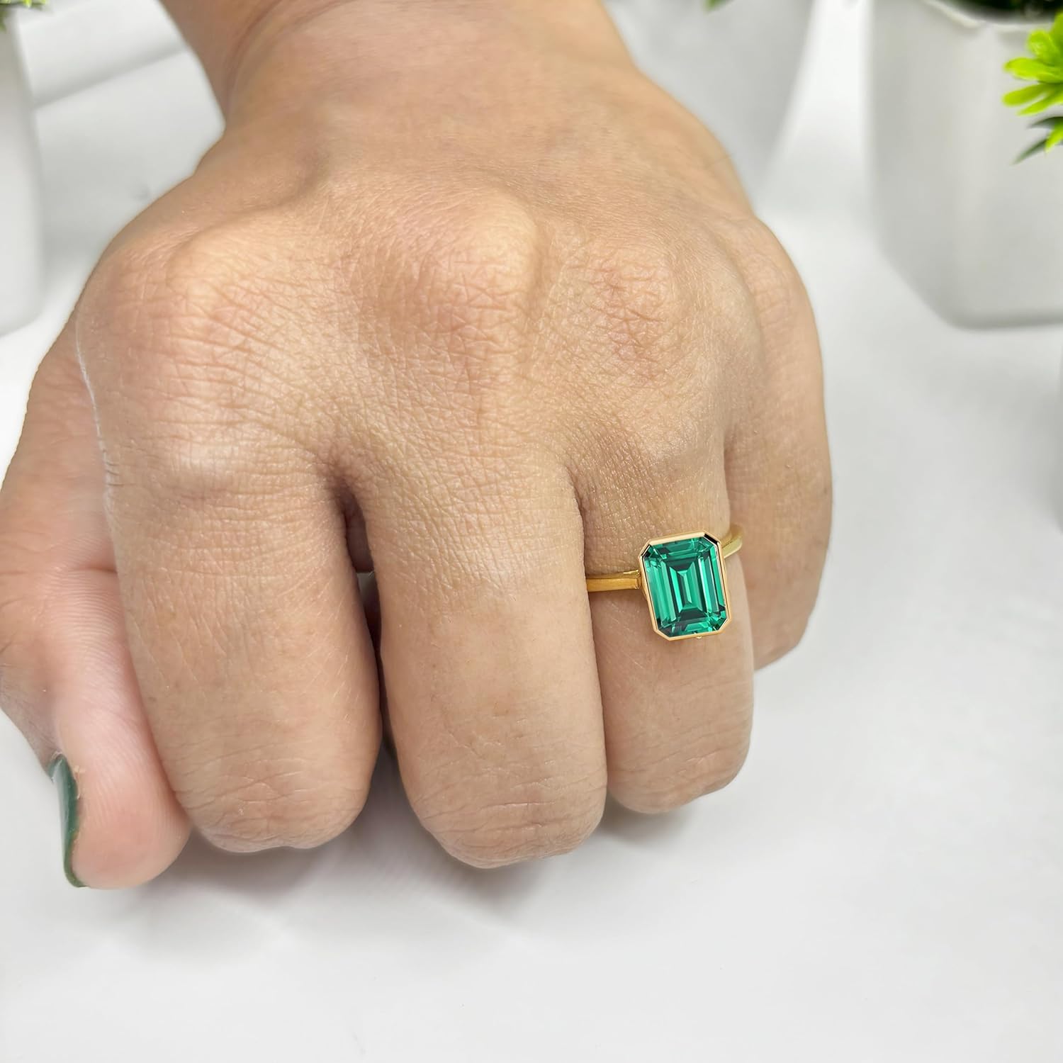2.00 Carat Emerald Cut Bezel Set Green Emerald Solitaire Engagement Ring For Women, 14K Gold Plated 925 Silver Emerald Shape May Birthstone Green Emerald Bridal Solitaire Ring