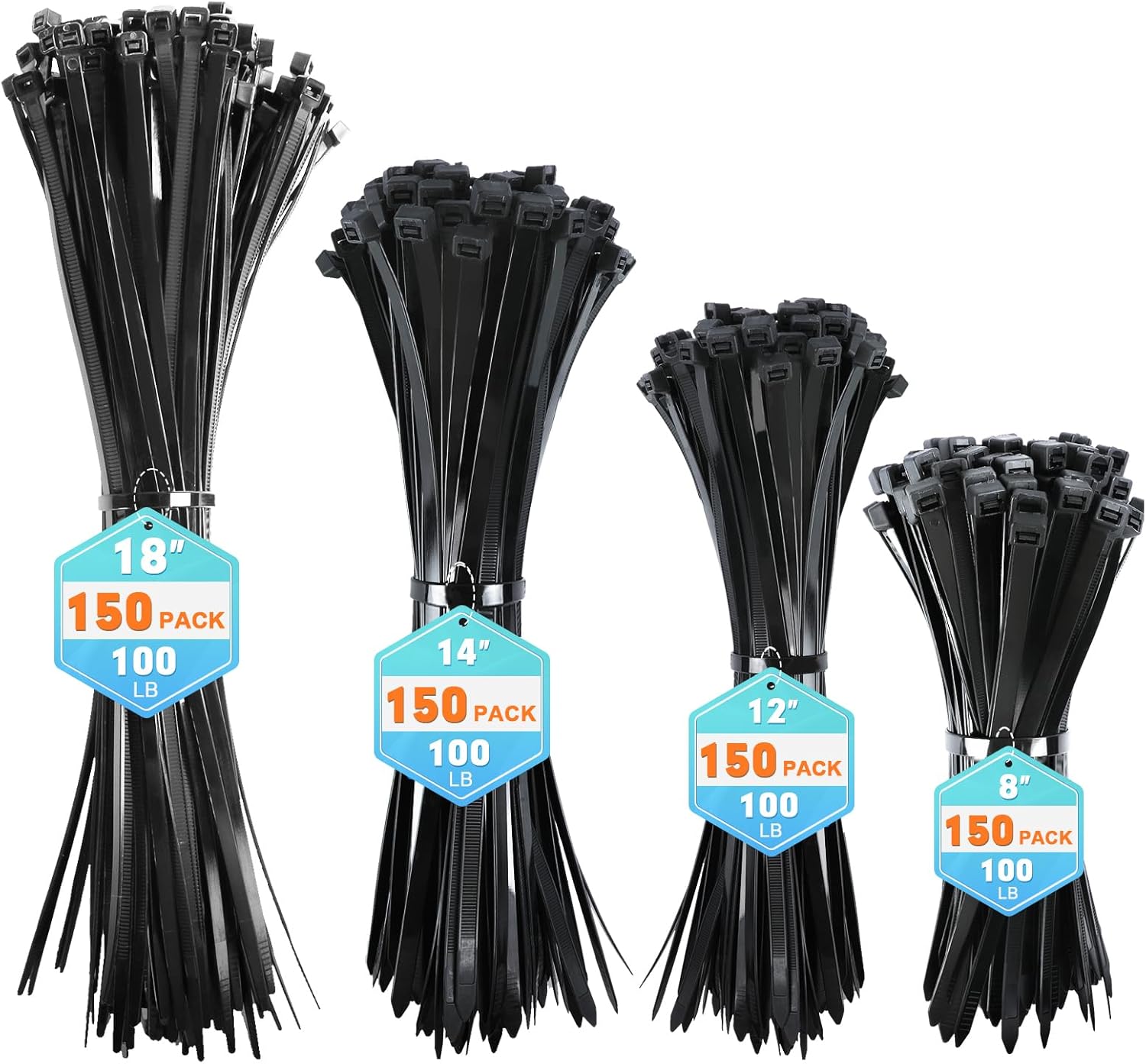 Zip Ties Assorted Sizes, RAZCC 600 Pack (8+12+14+18Inch) Black Cable Ties, Self-Locking Plastic Wire Ties with 100lb Tensile Strength, Black Nylon Zip Ties for Indoor and Outdoor