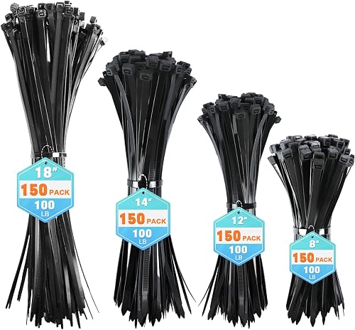 Zip Ties Assorted Sizes, RAZCC 600 Pack (8+12+14+18Inch) Black Cable Ties, Self-Locking Plastic Wire Ties with 100lb Tensile Strength, Black Nylon Zip Ties for Indoor and Outdoor