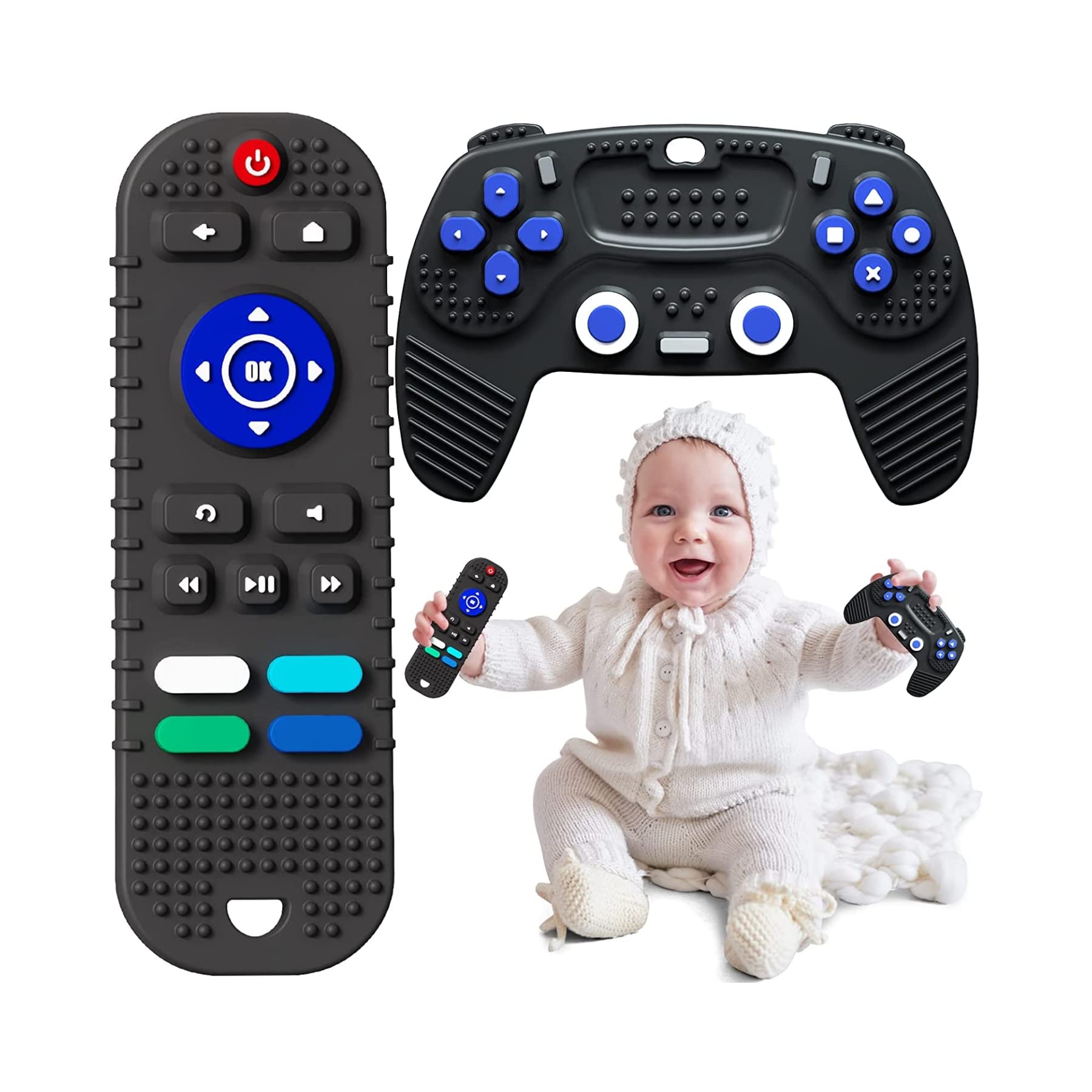PYEBE 2 Pcs Silicone Remote Control Baby Teether Toys, Teething Toys for Toddler, Chew Toy for Baby 6-12 Months, Sensory Press Toy (Black)