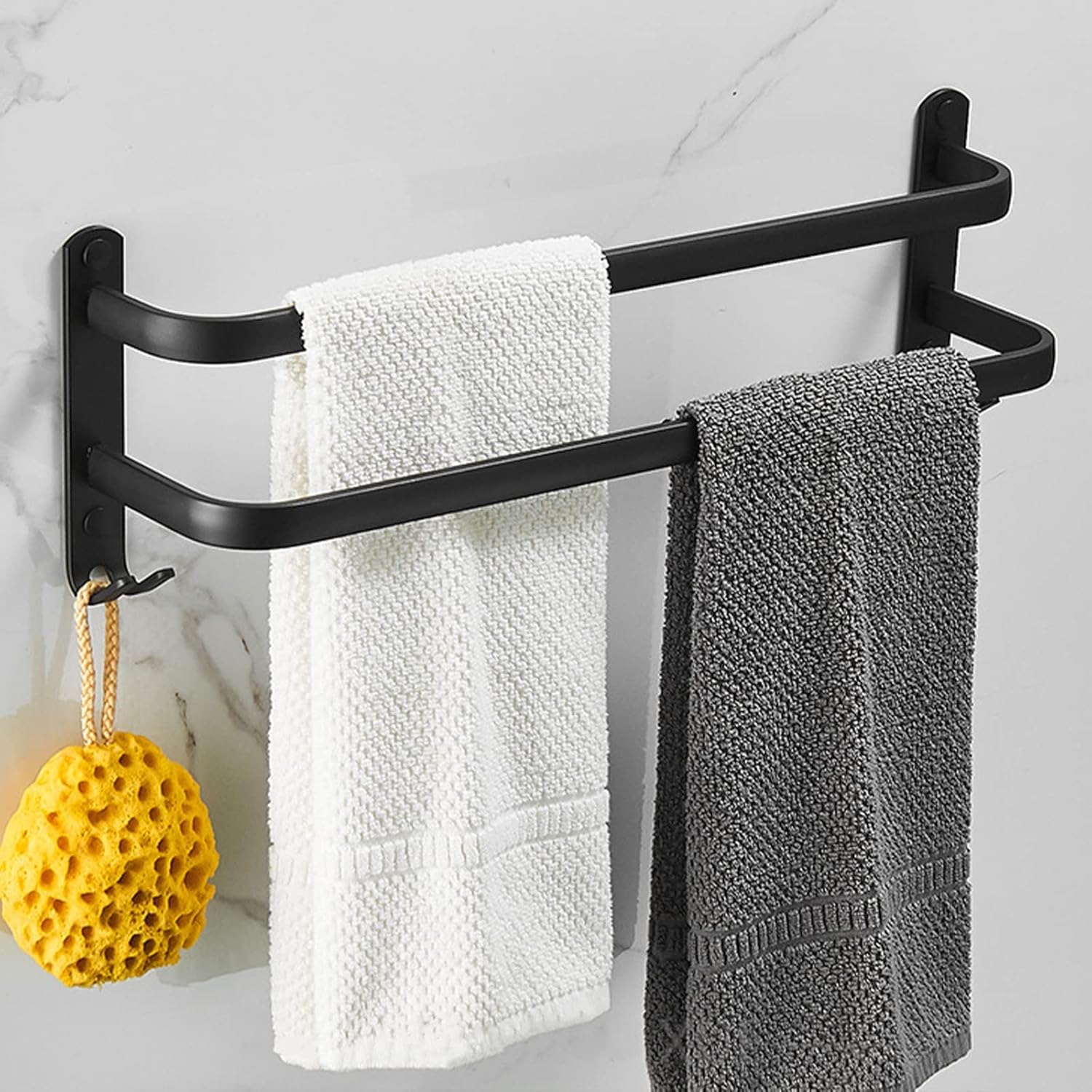 Self-Adhesive 3-Tier Towel Holder with Hooks for Bathroom and Kitchen - White, No Drilling Wall Mount Towel Rack
