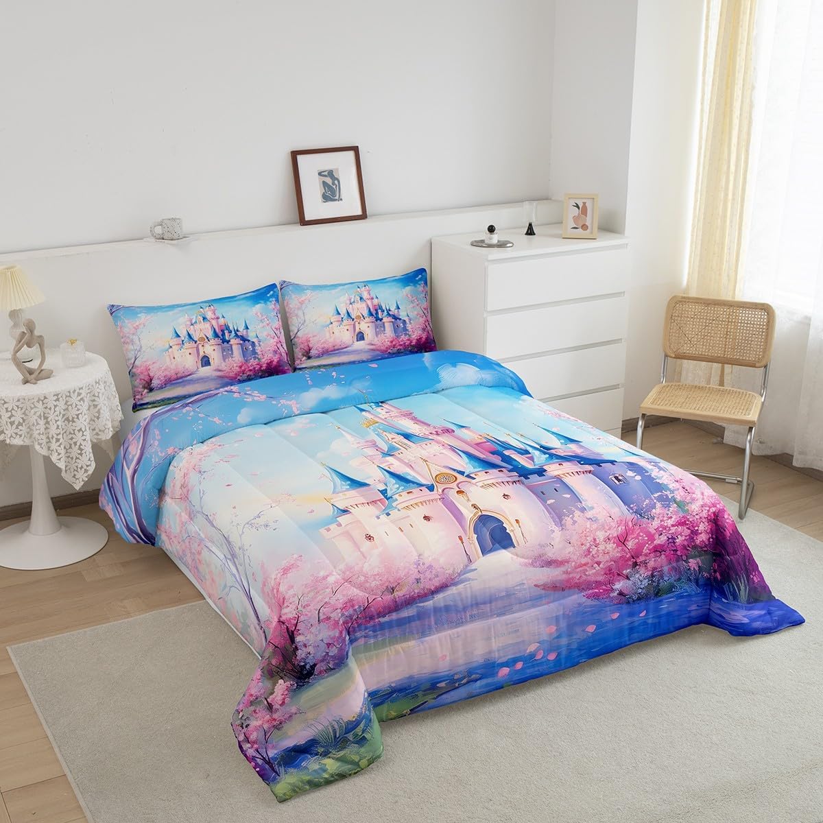 Castle Comforter Set Full Size,Princess Flower Floral Kids Bedding Set,Romantic Dreamy Fantasy Quilt Comforter,Blue Pink Duvet Insert,2 Pillowcases