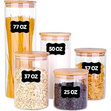 Glass Food Storage Jars, Food Containers with Airtight Bamboo Lids for Pasta, Cookies, Nuts, Coffee Beans, Cereal, Glass Canisters for Kitchen, Pantry Organization,Set of 5